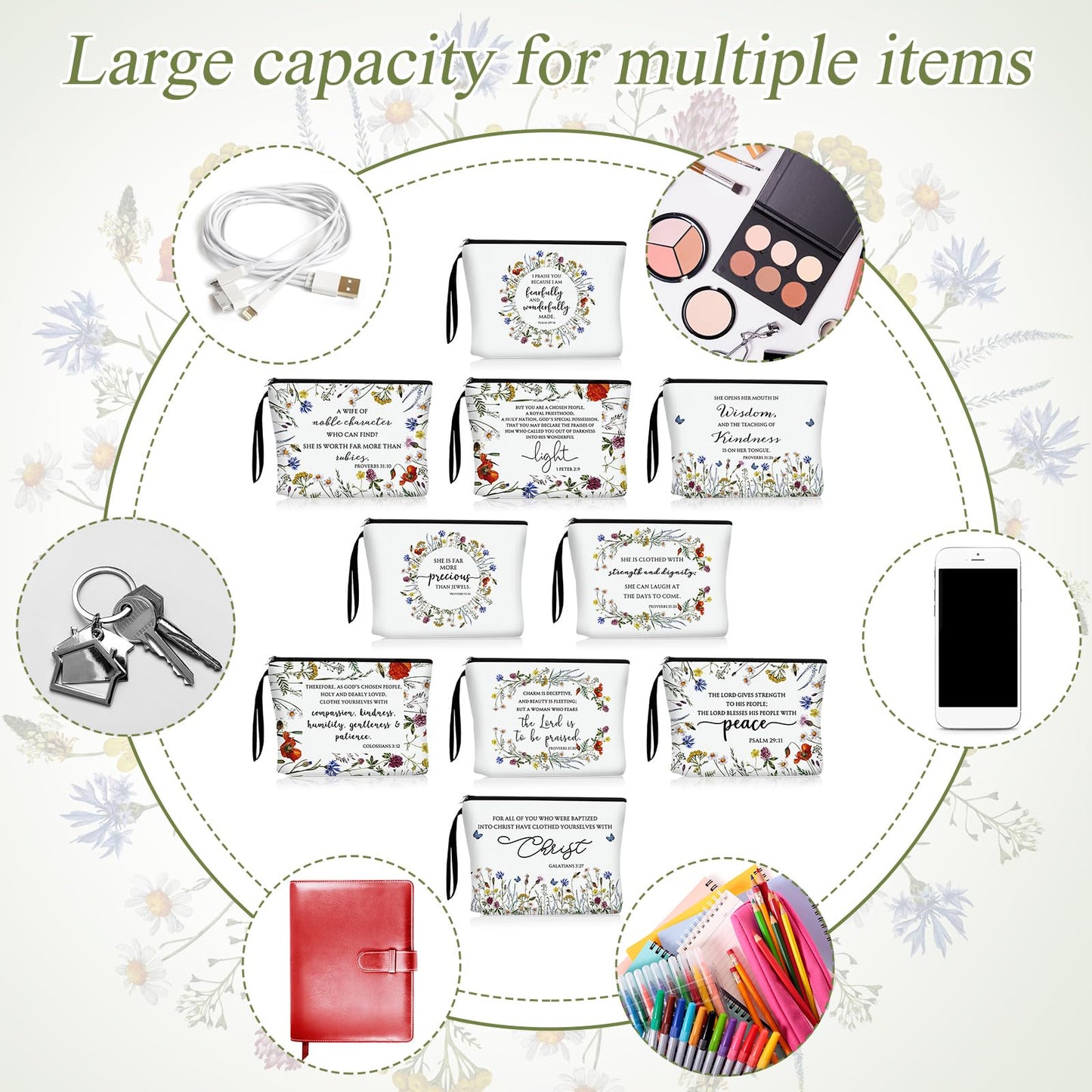 Talltalk 20 Pcs Christian Makeup Bags 10 Styles Bible Cosmetic Bags Bulk Bible Cover Floral Makeup Bag with Handle Inspirational Christian Religious Gifts for Women Godmother Church VBS Gifts