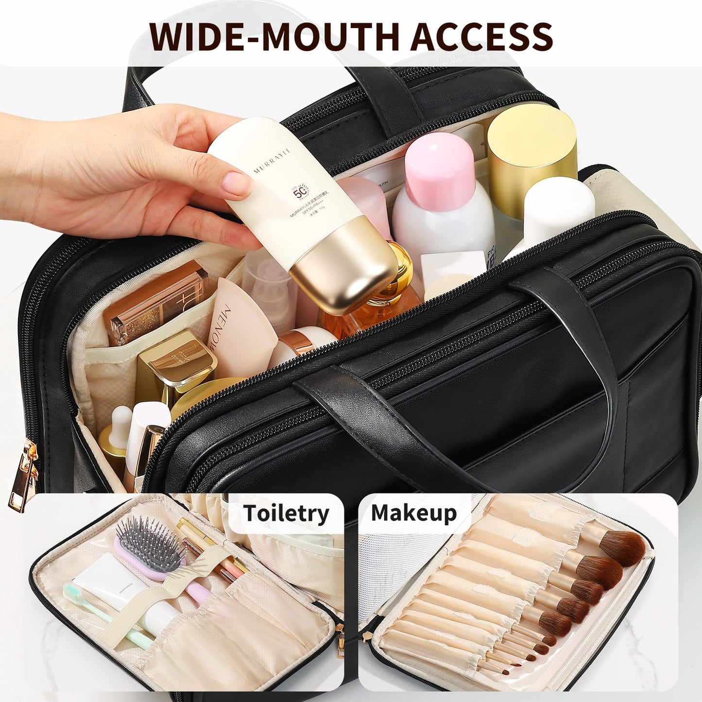 Large Travel Makeup Bag for Women with Luggage Sleeve and Reinforced Dual Handles, Featuring 10 Independent Elastic Brush Slots and 25 Pockets, Large Capacity Waterproof Cosmetic & Toiletry Organizer