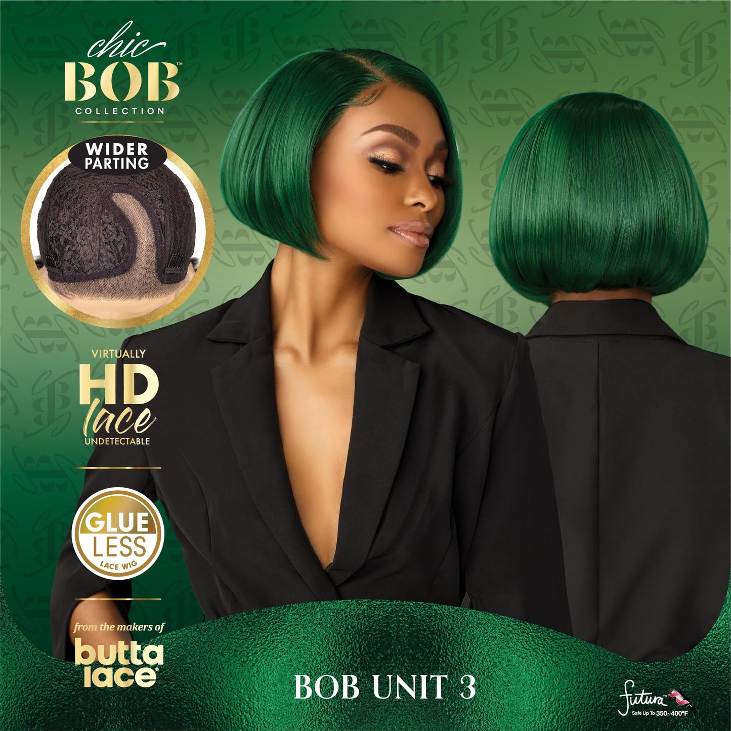 Sensationnel Chicbob Lace Frontwig - Bob Unit 3 Face Framing Glueless Wig Wide 5 Inch Deep Part Synthetic Preplucked Hairline (SAPPHIREGREEN)