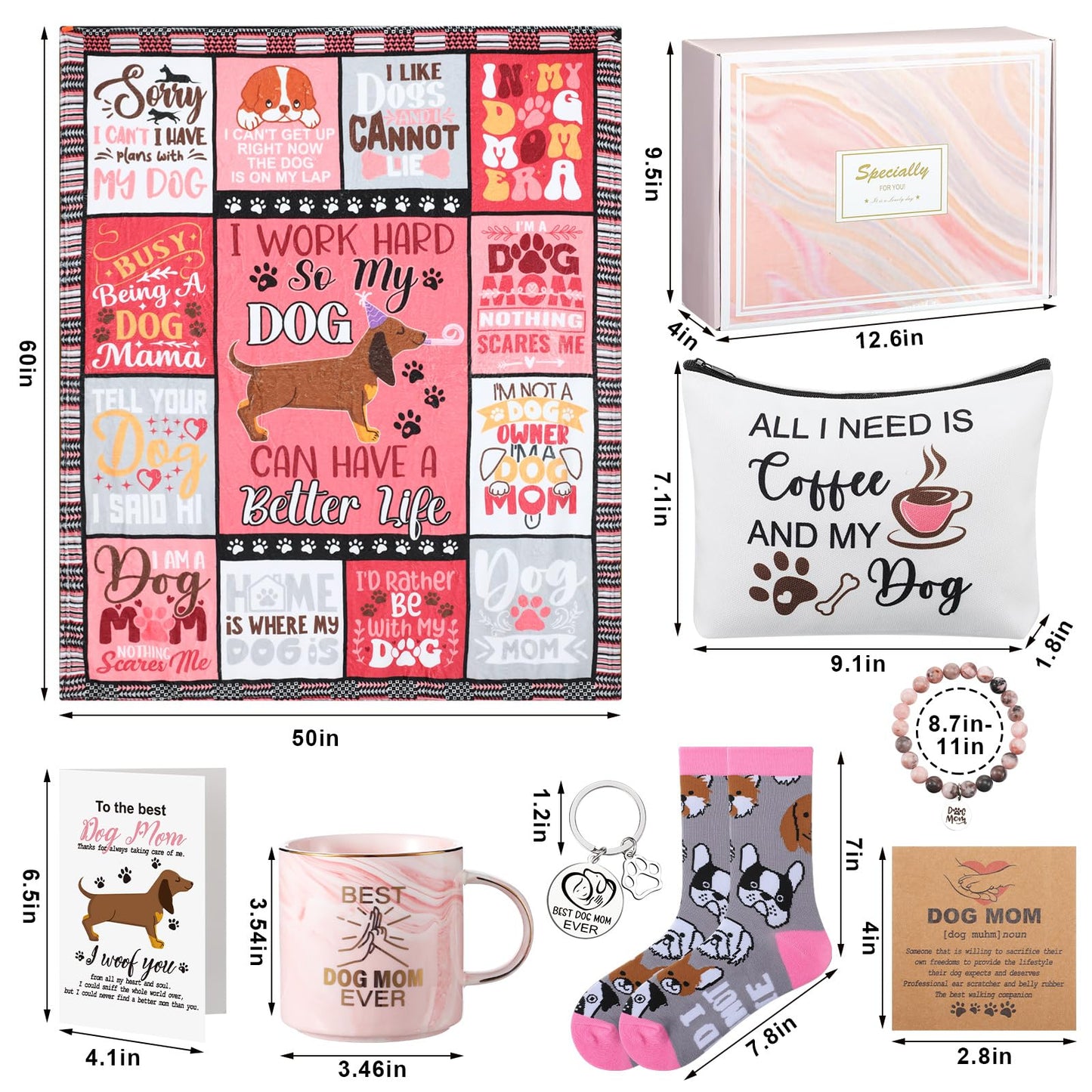 HunnmingRe 9 Pcs Dog Lover Mom Gifts for Women Novelty Fleece Blanket Blanket Socks Mug Cosmetic Bag Keychain Bracelet Cards Mother's Day Idea Gifts Box Set for Mom Birthday Basket Valentine's Day