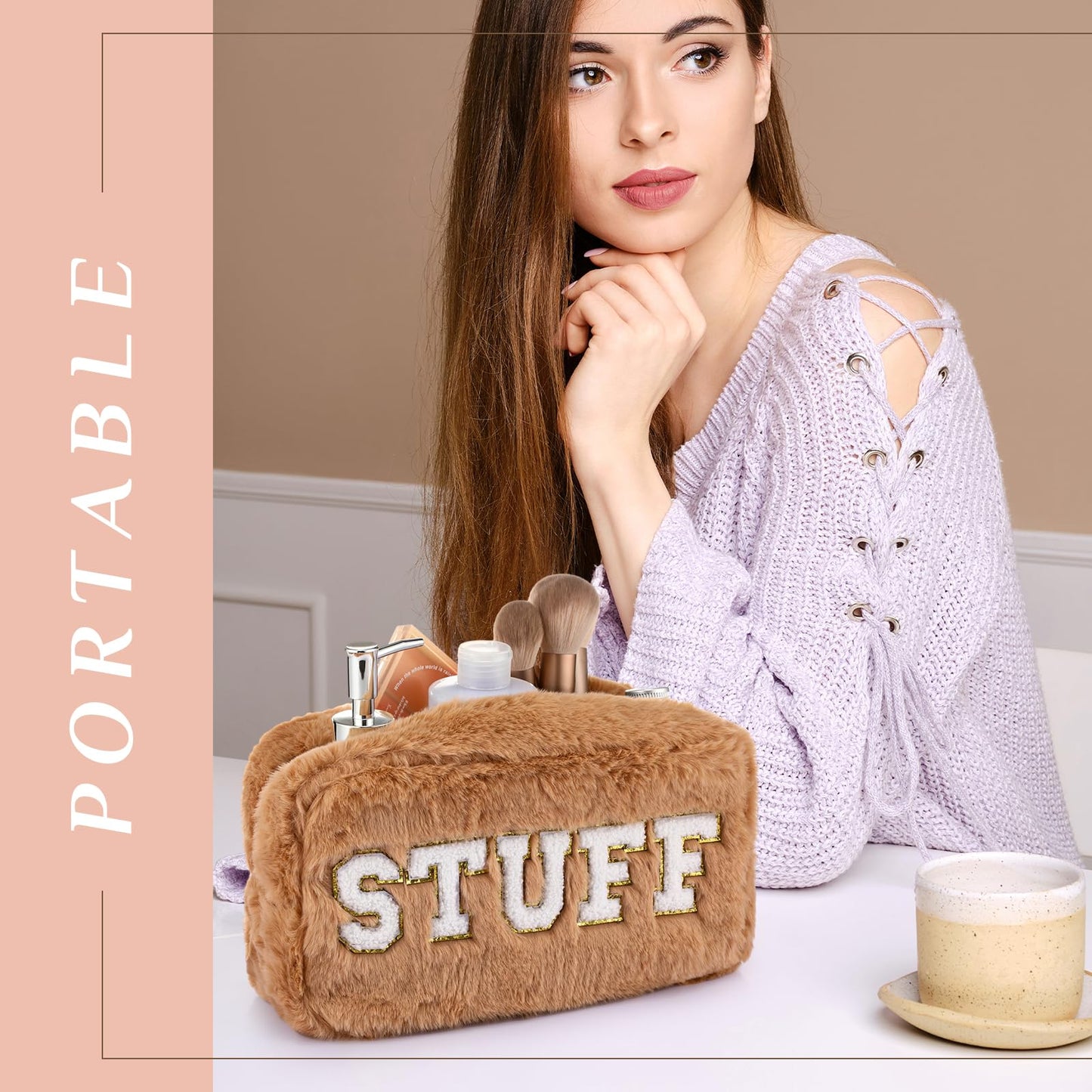 Paterr 4 Pieces Preppy Makeup Bag Chenille Letter Faux Fur Fluffy Bag Preppy Stuff Face Skin Hair Stuff Cute Toiletry Cosmetic Travel Bags Pouch with Zipper for Girls Women(Pink Brown)