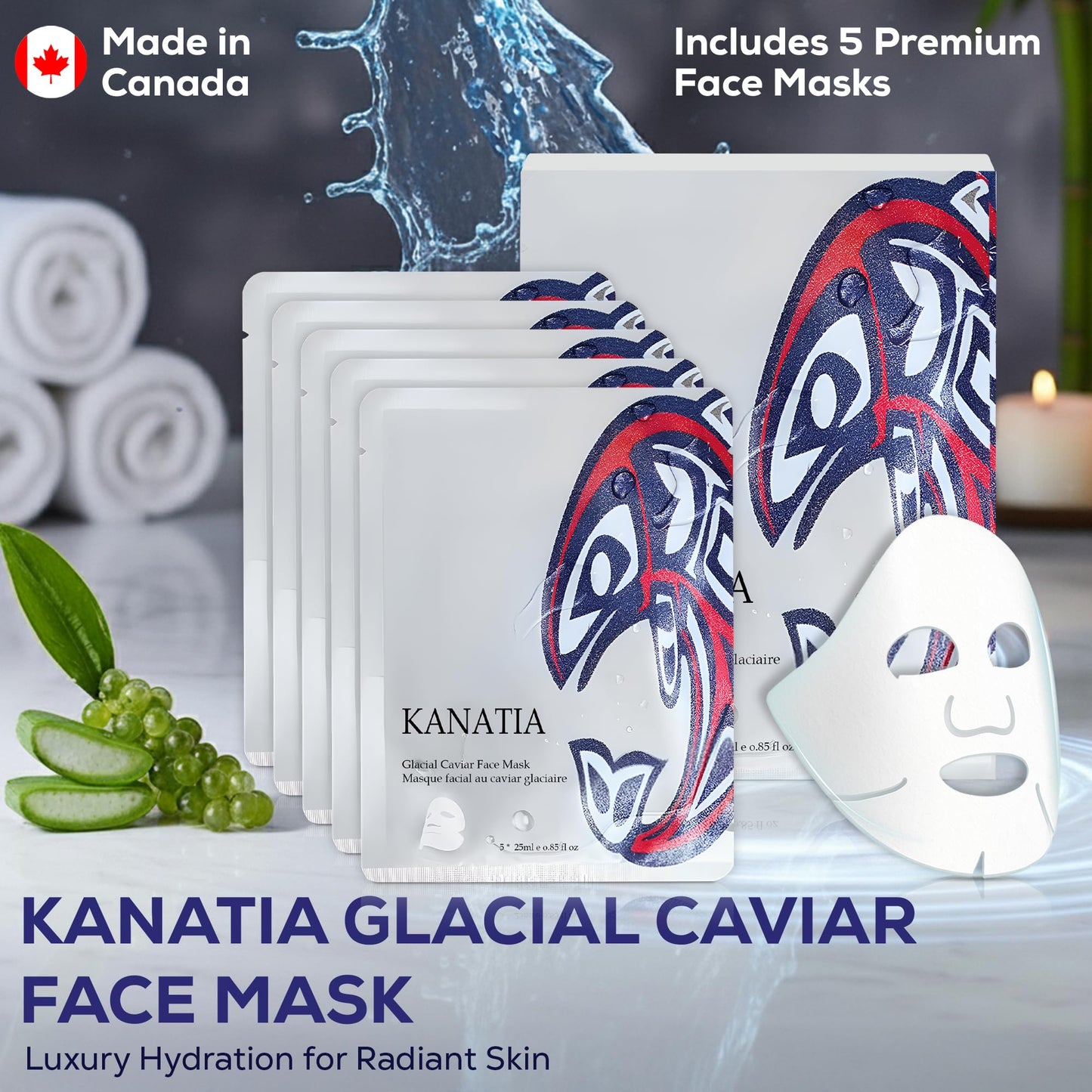 KANATIA Beauty Face Mask Skin Care, ADD Glacial Caviar Hydrating Anti-Aging for Dry & Sensitive Skin and ALL Skin Types, with Glacier Water, Green Sea Grapes, Vitamin C, Aloe Vera & Hyaluronic Acid, Anti-aging Face Mask