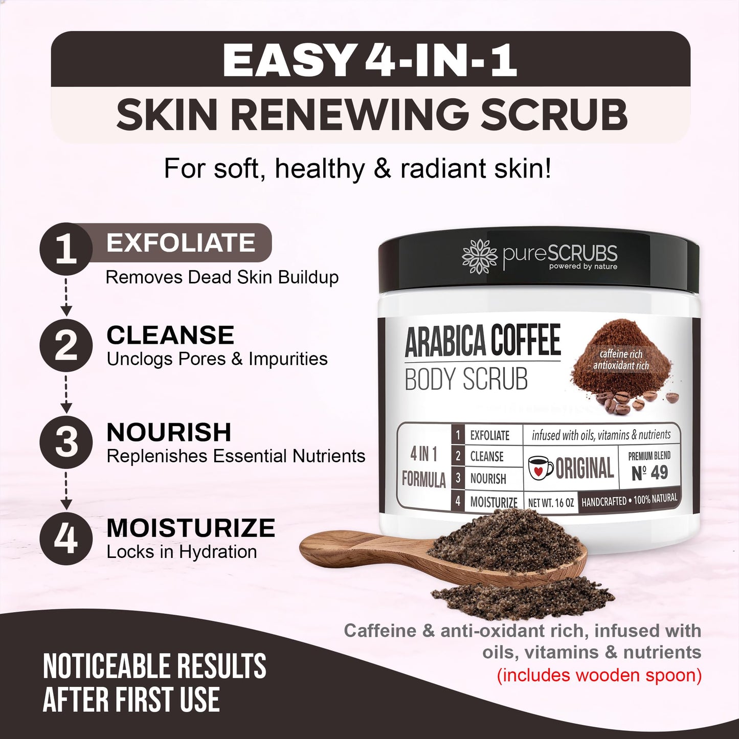 pureSCRUBS Premium Organic Arabica Coffee Body Scrub Set, Skin Smoothing Moisturizing Body Exfoliator - Includes Wooden Spoon, Loofah and Exfoliating Bar Soap - Large 16oz