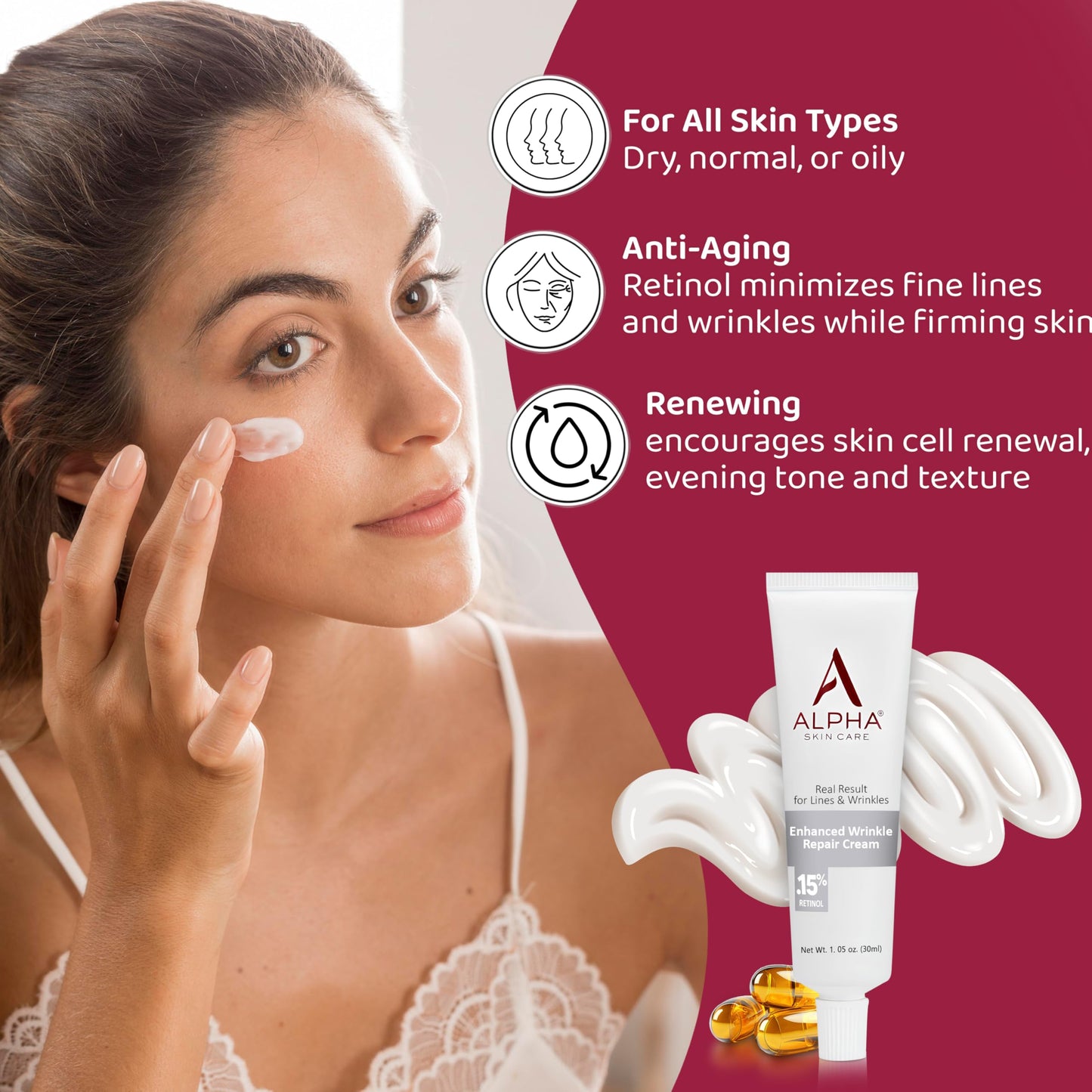Alpha Skin Care Enhanced Wrinkle Repair Cream, Anti-Aging Formula, 0.15% Retinol, Vitamins A, C & E, Reduces Lines & Wrinkles, All Skin Types, 1.05 Oz, White