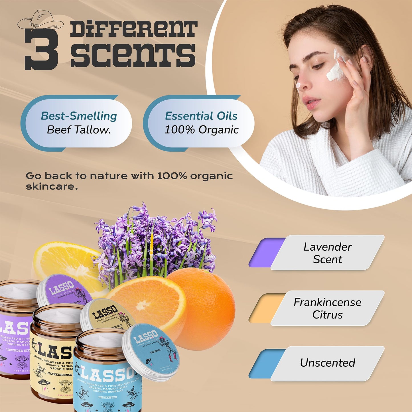 LASSO Beef Tallow Face Moisturizer with Grass-Fed/Finished Beef Tallow for Skin, Manuka Honey and Beeswax, Unscented and Manuka Honey Balm