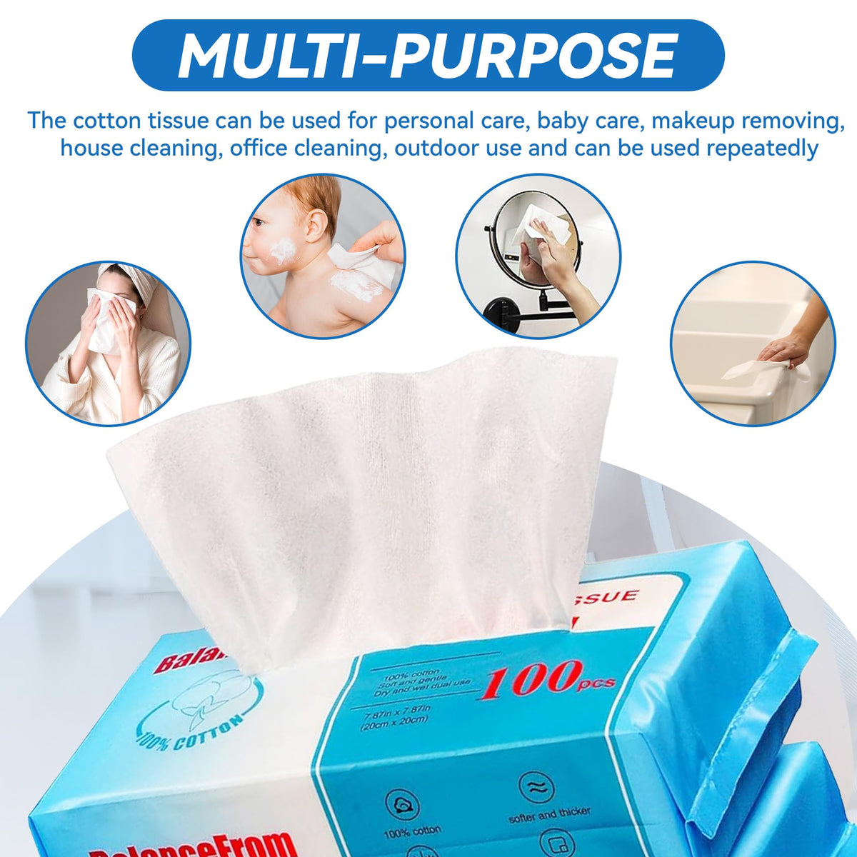 Elevon Ultra-Gentle 100% Natural Cotton Facial Tissue - Unscented Multi-Purpose Dry Cotton Tissue for Sensitive Skin, Makeup Removal & Baby Care, (Pack of 18)