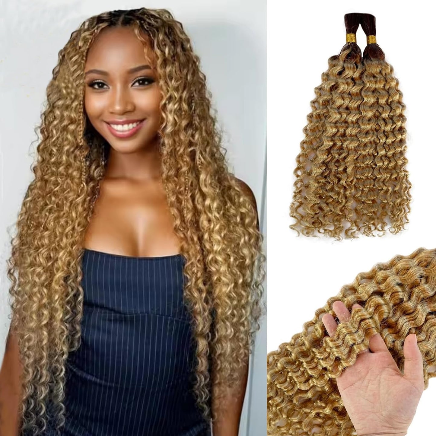 Human Braiding Hair for Boho Braids 22 Inch 100g Highlight Blonde Human Hair Bulk Water Wave 100% Curly Human Hair for Braiding Black Women Wet And Wavy Human Hair 4T27 Color