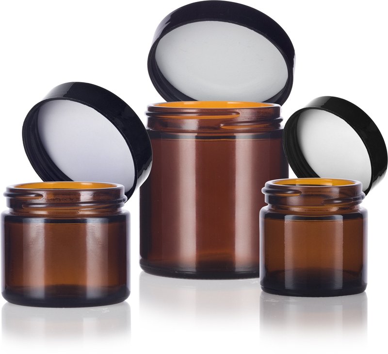 JUVITUS 12 piece Amber Glass Straight Sided Jar Multi Size Set : Includes 4 -1 oz, 4 -2 oz, and 4 -4 oz Amber Glass Jars with Black Lids + Spatulas for Aromatherapy, Essential Oils, Travel and Home