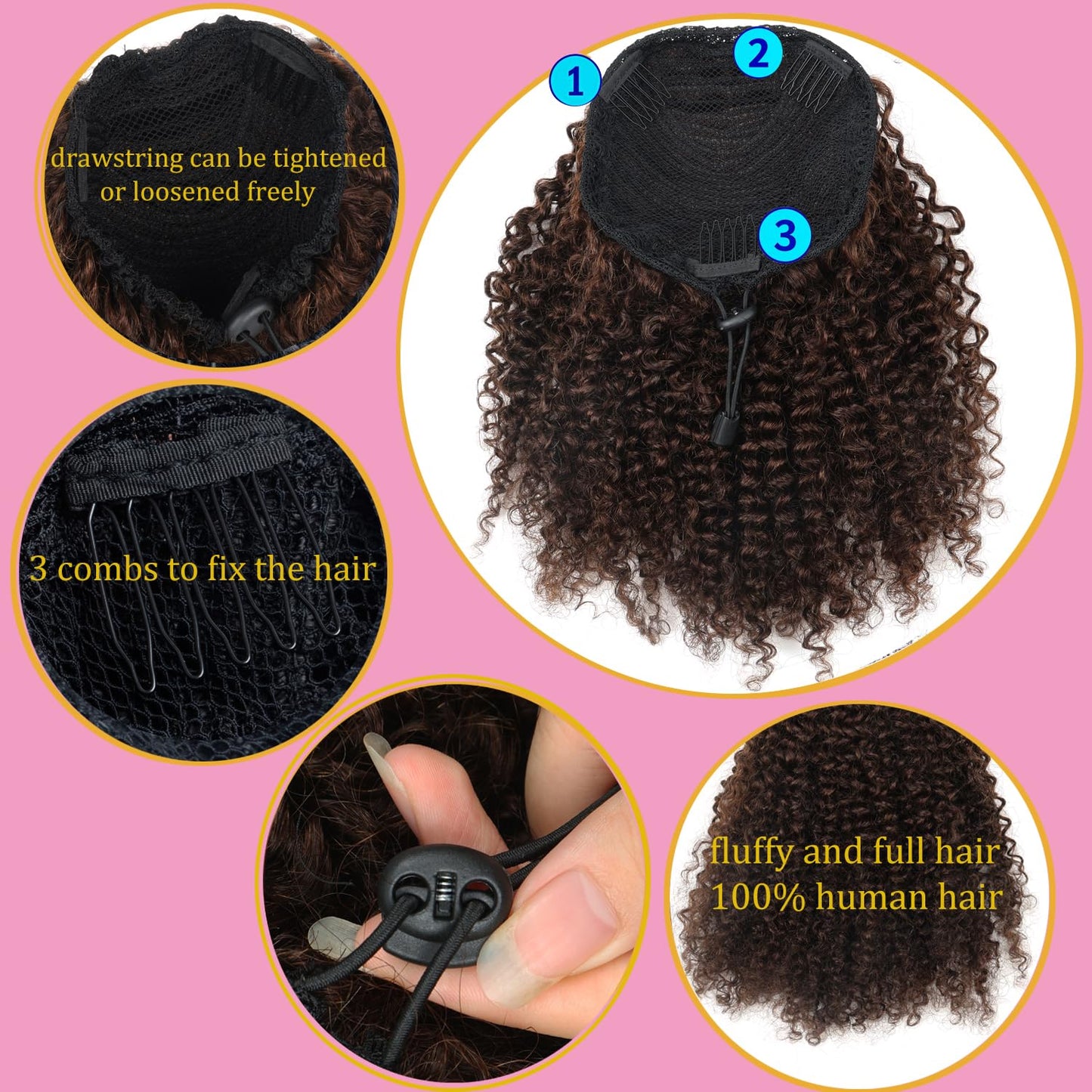 VADES Dark Brown Drawstring Ponytail for Black Women Color #2 Clip in Hair Extensions Kinky Curly Ponytail Extension Human Hair Fake Hair Ponytail 8 inch Short Hair Extension for Black Women