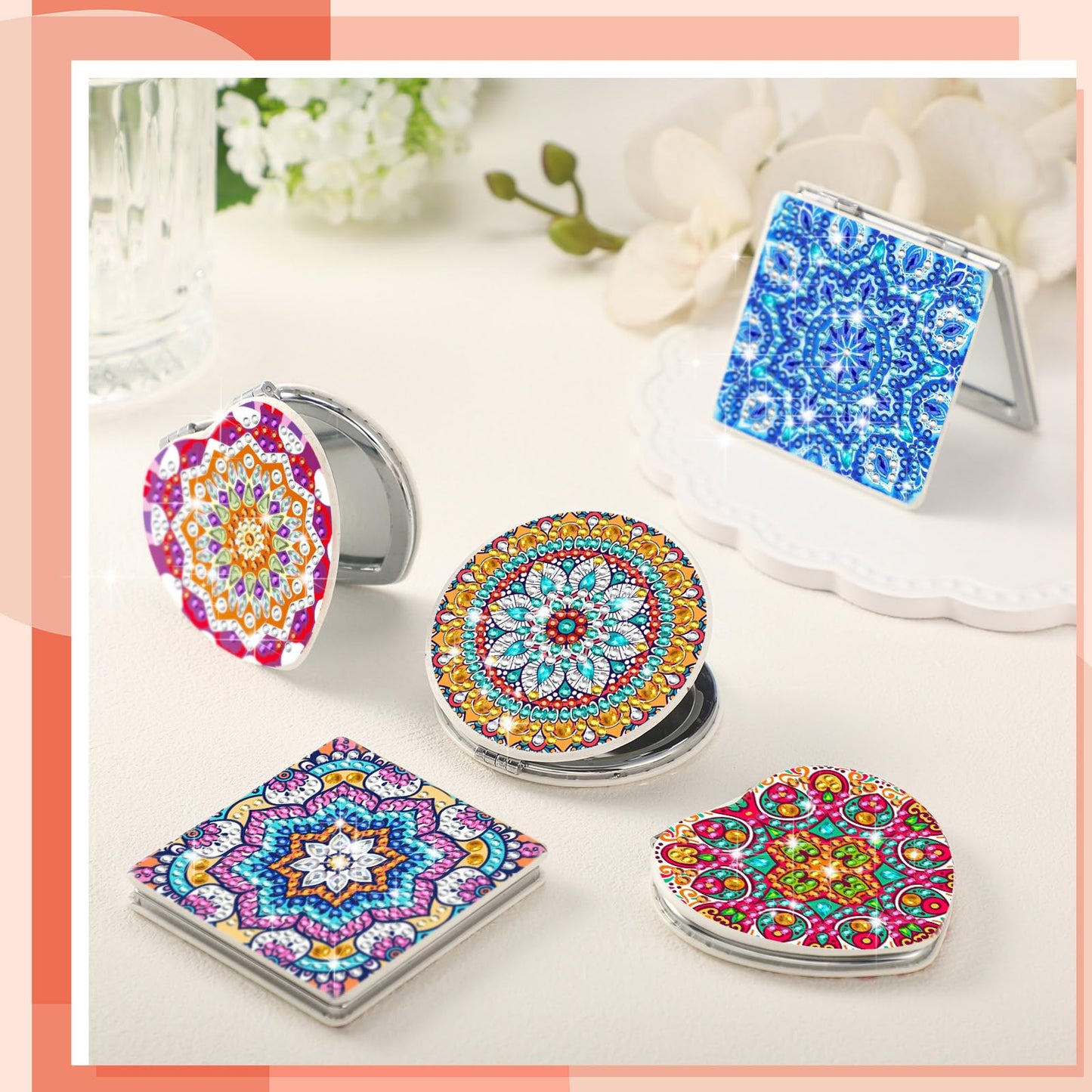 Thyle 6 Pcs Painting Compact Mirror DIY Painting Pocket Portable Folding Purse Mirror with Magnification Diamond Art Kits for Women Gifts