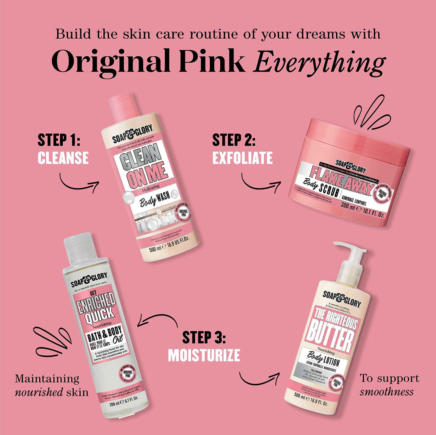Soap & Glory Original Pink Clean On Me Body Wash - Hydrating Shower Soap & Skin Cleanser with Built In Body Lotion for Hydration - Bergamot & Rose Scented Moisturizing Body Wash (500 ml, 2 pack)