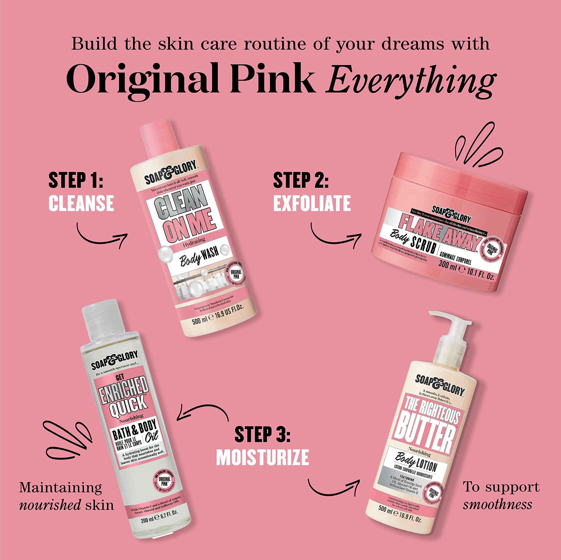 Soap & Glory Original Pink Clean On Me Body Wash - Hydrating Shower Soap & Skin Cleanser with Built In Body Lotion for Hydration - Bergamot & Rose Scented Moisturizing Body Wash (500 ml, 2 pack)