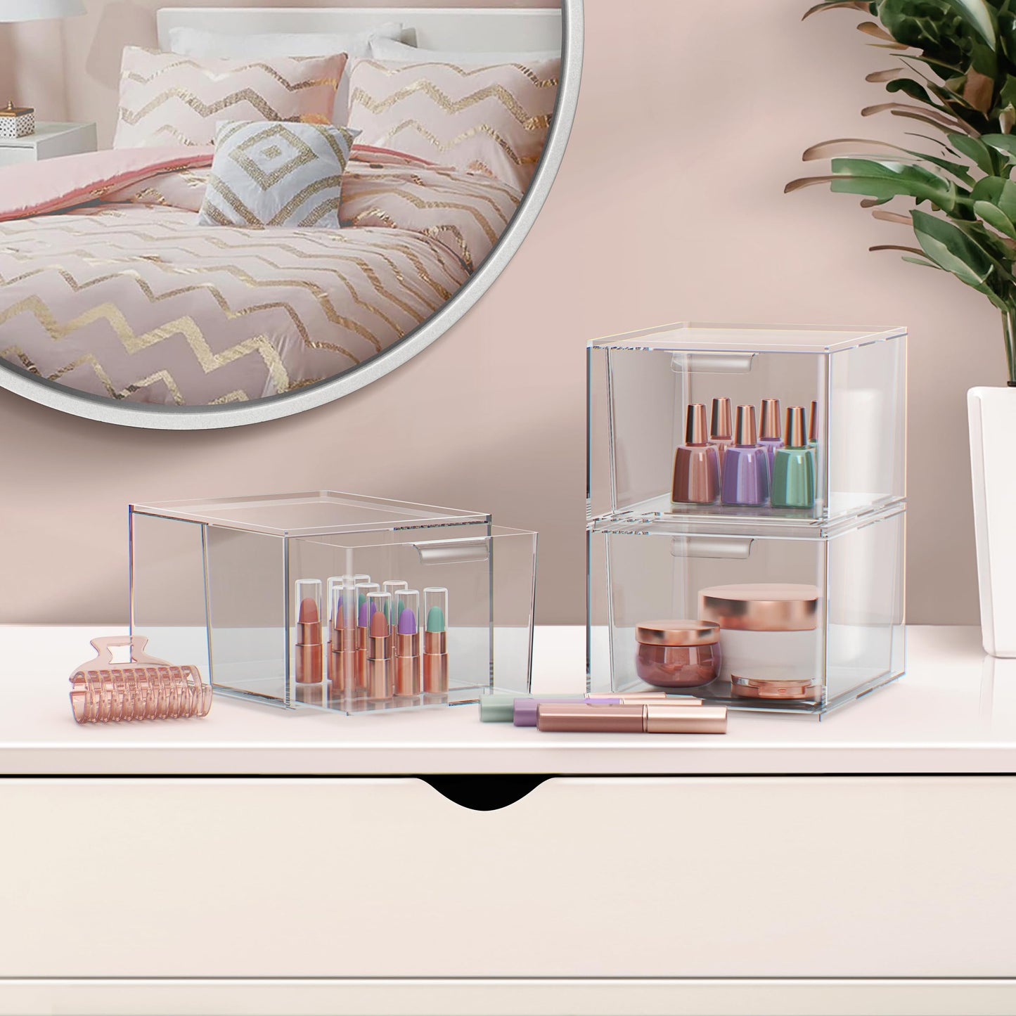 Sorbus 3 Pack Makeup Organizer - Clear Stackable Acrylic Drawer Organizer for Vanity, Bathroom, Undersink, Cabinets, Jewelry, Stationary, Plastic Storage Bins for Office Organization and Storage