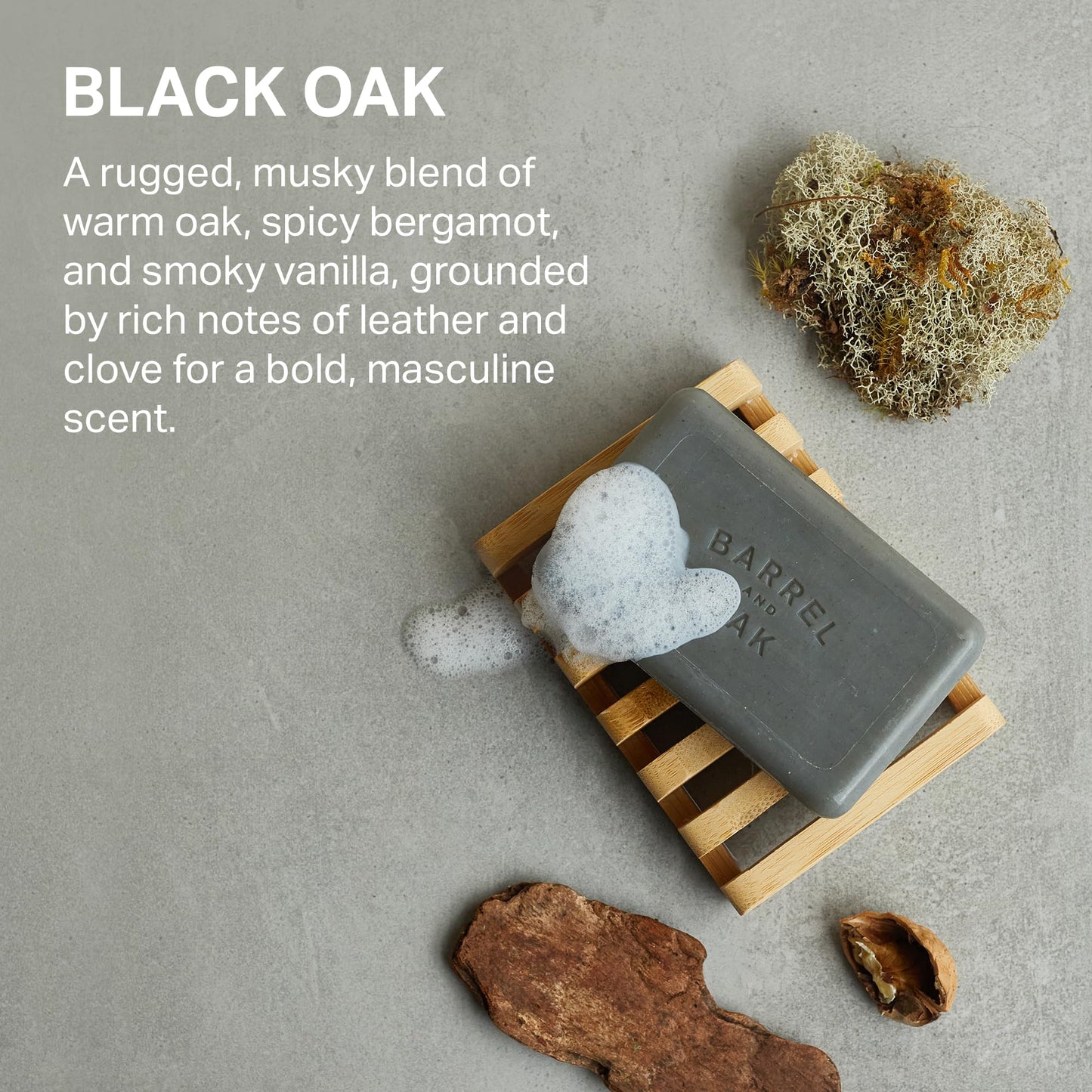 Barrel & Oak Exfoliating Bar Soap for Men, Kaolin Clay with Charcoal, Walnut Shell Powder, Olive Stone, and Essential Oils, Long-Lasting Bar Soap, Vegan, SLS-Free, Black Oak, 3-Pack