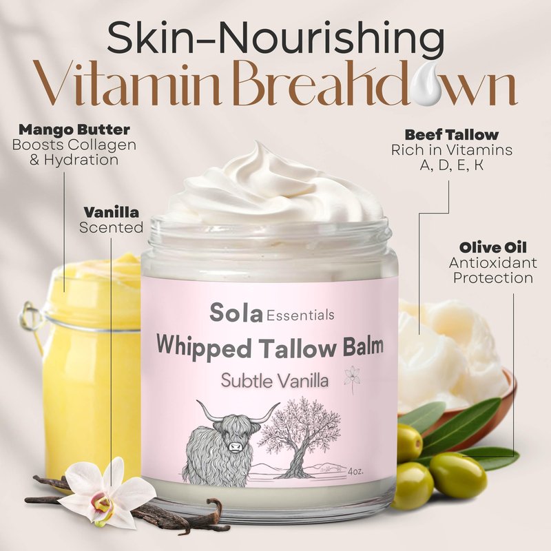 Grass Fed Whipped Beef Tallow for Skin - Whipped Tallow Balm with Mango Butter and Olive Oil - Natural Moisturizer, Suitable for all Skin Types, Smooth Texture, 4 oz Jar, Made in USA, Subtle Vanilla