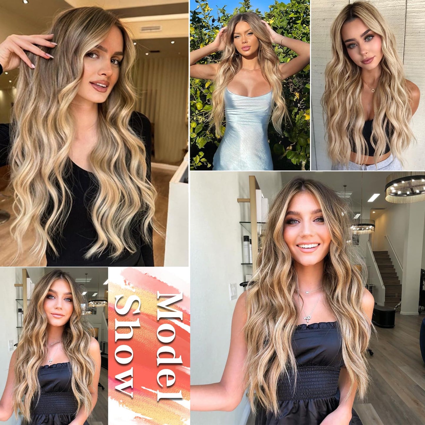 AISI QUEENS Long Blonde Wigs for Women, Ombre Blonde Wavy Synthetic Curly Hair Wigs Natural Looking Middle Part Heat Resistant Fibre for Daily Party Use 24 Inch