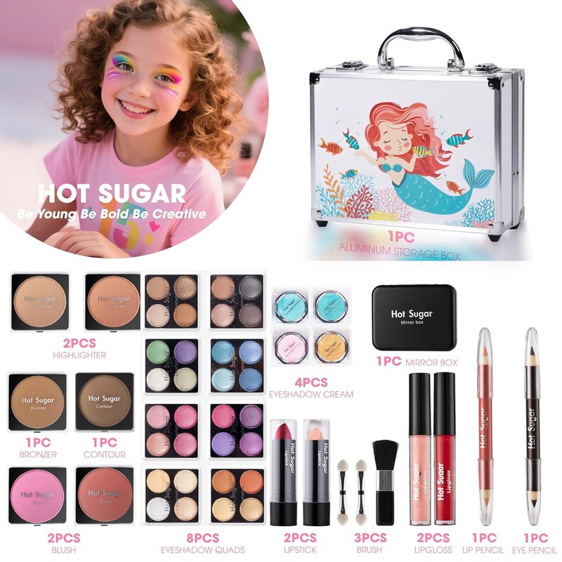 Makeup Kit for Girls - Hot Sugar Makeup Set with Reusable Train Case | Eyeshadow Palette, Blush, Lipstick & More