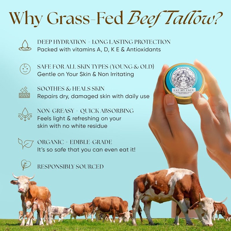 Grass Fed Beef Tallow Moisturizer - Organic Deep Moisturizer for Dry & Sensitive Skin | Face, Body & Hands, 4 fl oz