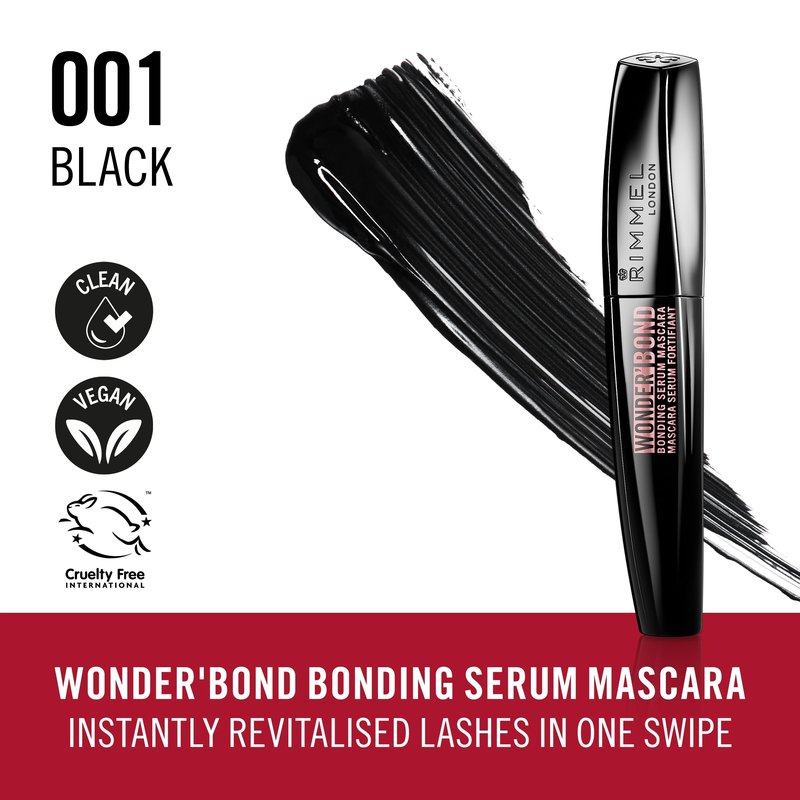 Rimmel Wonder'Bond, 001 Black, Bonding Serum Mascara, Volumizing, Instantly Revitalized Lashes, With Biotin Bonding Complex, Smudge Proof, No Clumps, 0.39oz