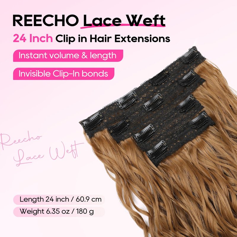 REECHO Curly Clip in Hair Extensions, 4PCS 24 inch Long Hair Extensions Clip ins Lace Weft Natural Hairpieces for Women Daily, Strawberry Blonde