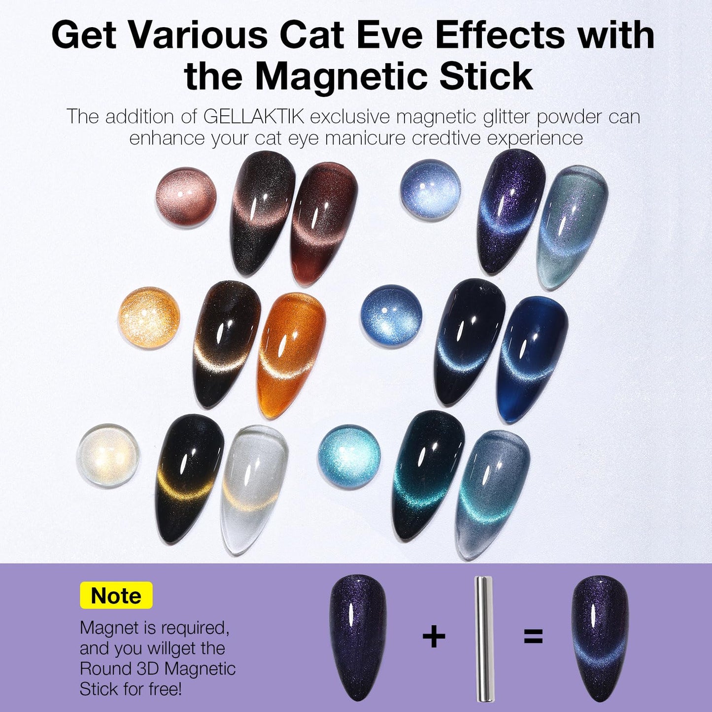 GELLAKTIK 9D Glassy Cat Eye Gel Nail Polish Set 6 Colors 12ML with Magnet