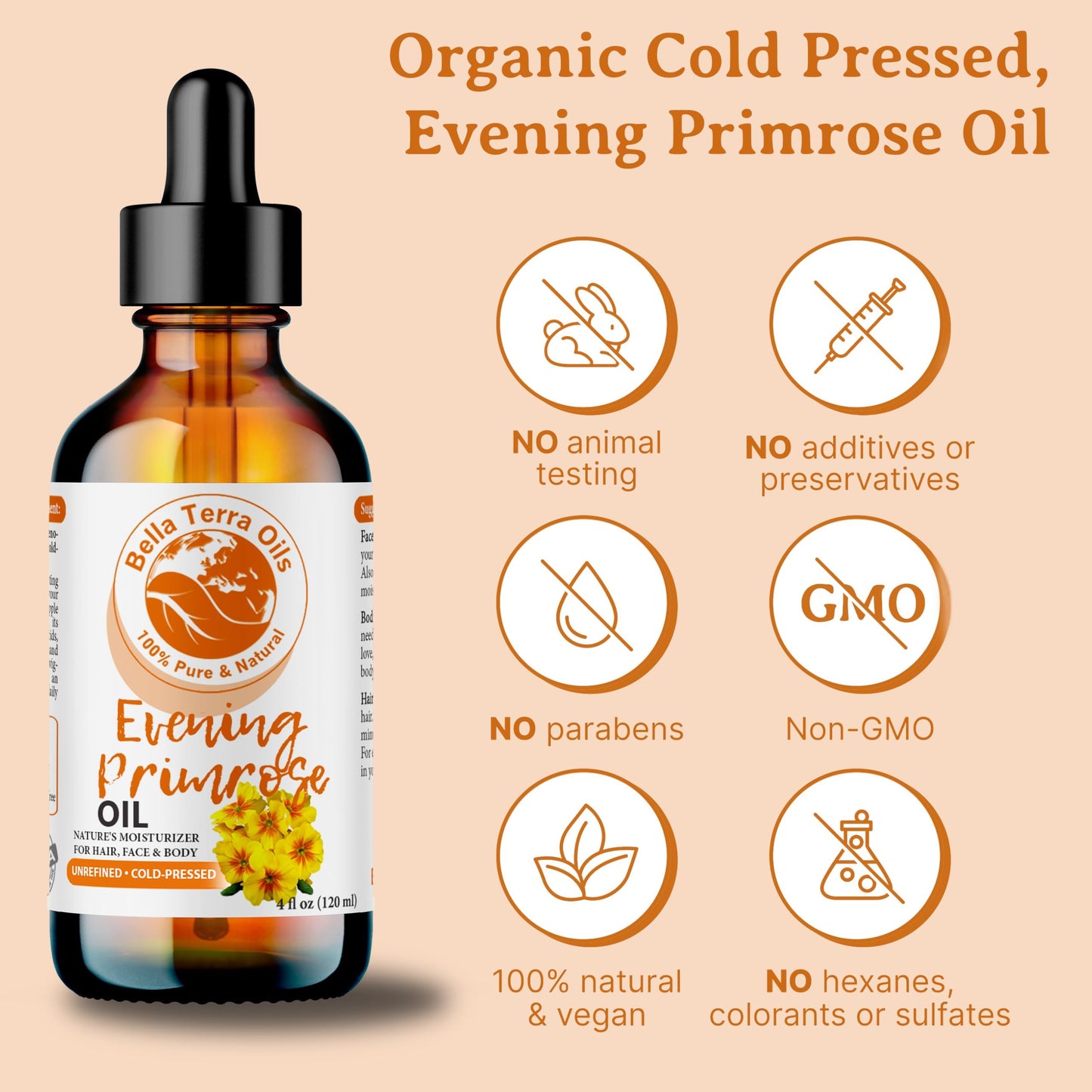 Bella Terra Oils - Organic Evening Primrose Oil 16oz - Discover the Cold-Pressed Excellence of Primrose, Loaded with Essential Nutrients & Omega-6, Distinct Elixir for Luminous Skin