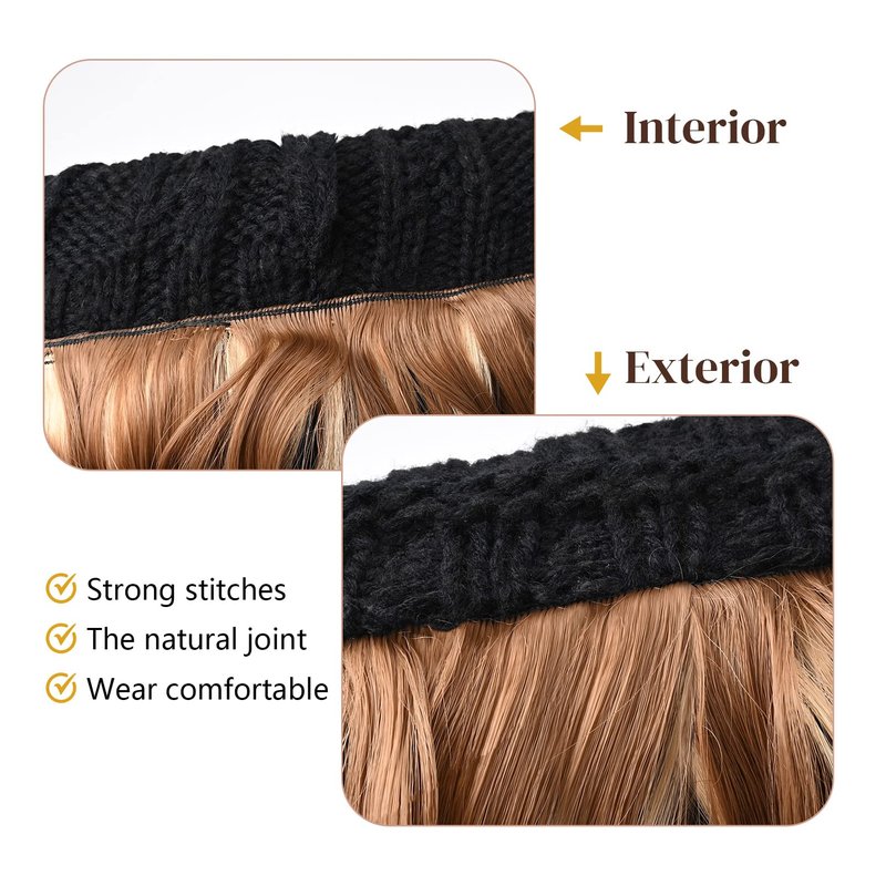 Flufymooz Beanie Wig, Hat Hair Extension Long Wavy Curly Black Hat Wig with Faux Fur Pom Hat, wig hat Attached 20 Inch Synthetic Hairpiece for Women Girls Winter (Black Brown)