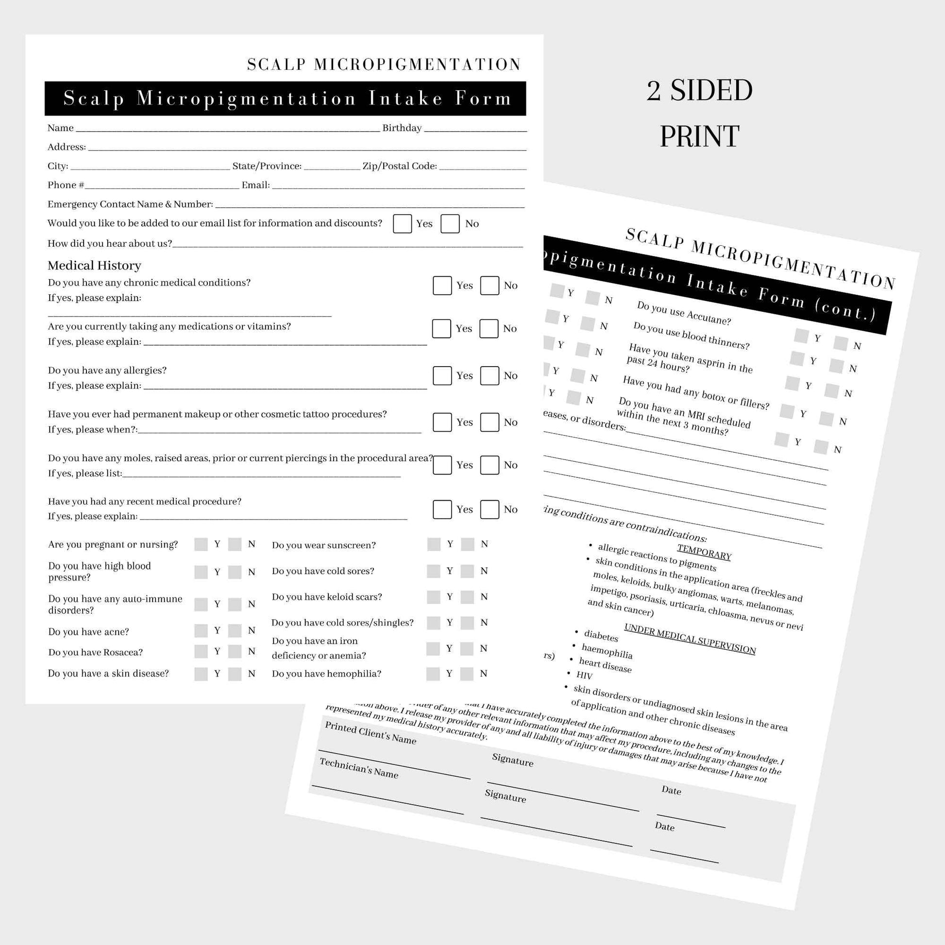 Scalp Micropigmentation Client Intake Forms: Intake,Consent,Consultation and Aftercare Forms | 75pk 25 of Each | for PMU Scalp Tattoo Professional Pigmentation 8.5 x 11” in Forms, Black and White
