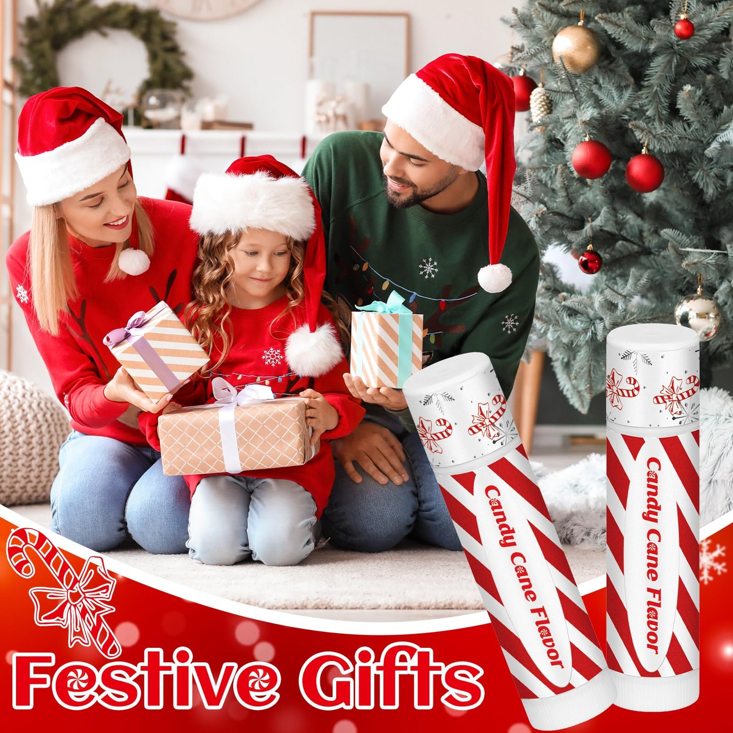 50 Pack Christmas Lip Balms Bulk Christmas Candy Peppermint Cane Scented Holiday Flavor Lip Balm Gifts Xmas Party Gifts Bulk Xmas Items Stocking Stuffers for Women Men Staff Employee (Candy)