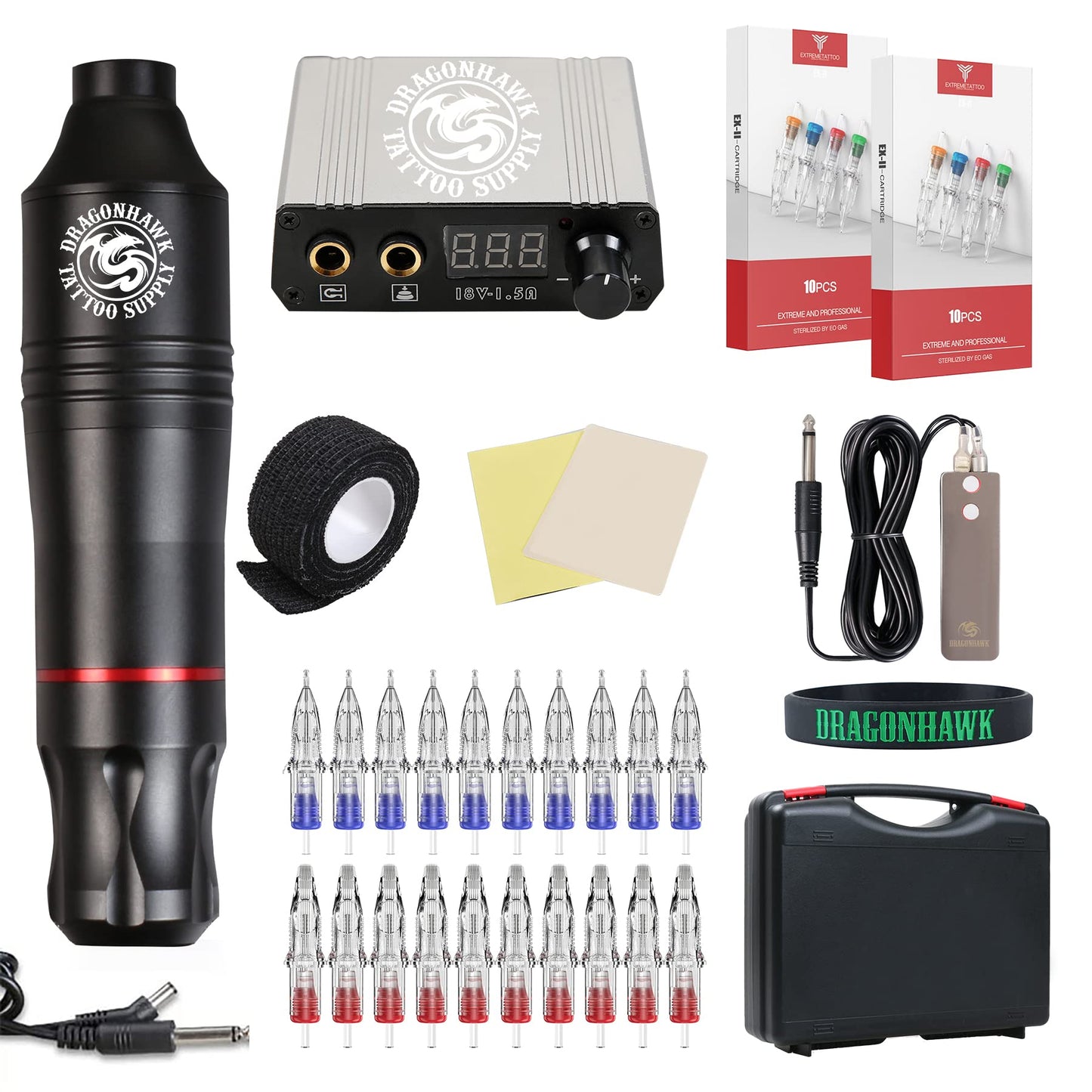 Dragonhawk Atom Tattoo Machine Kit, 3.5mm Stroke Cartridge Pen, Black