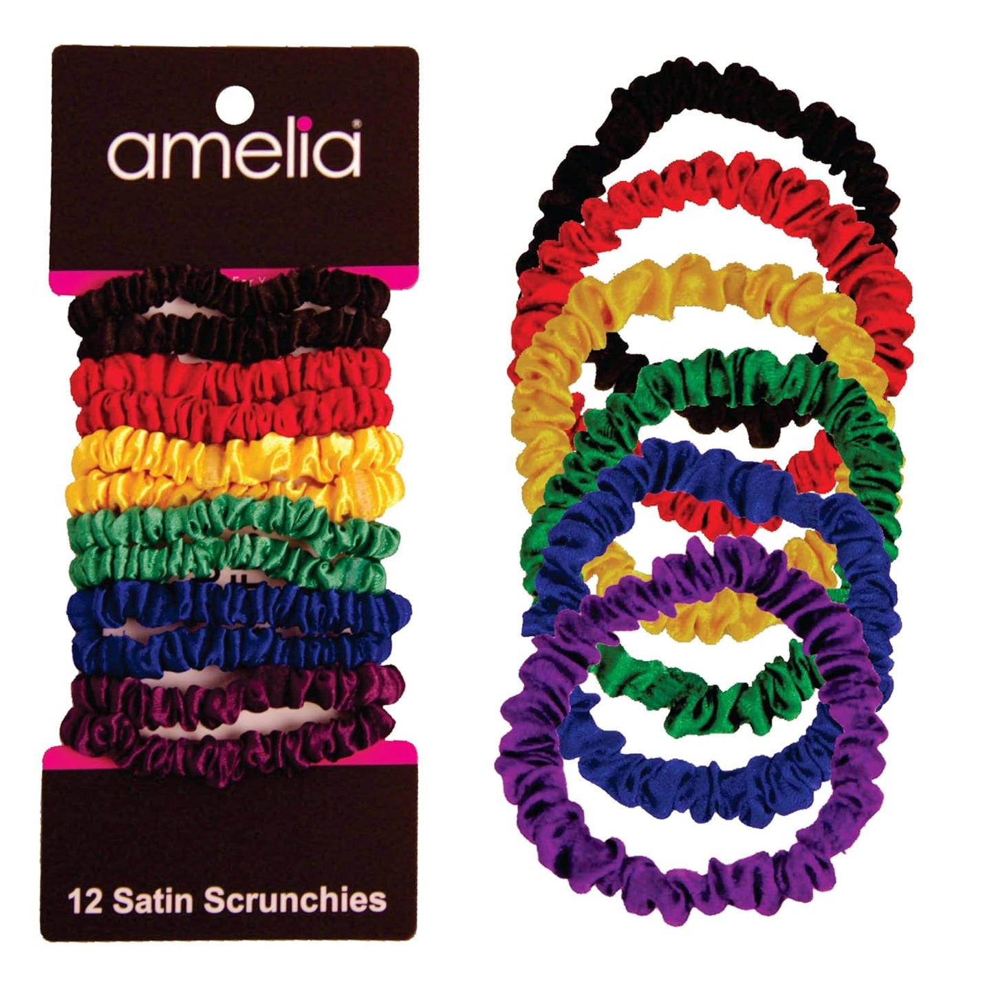 Amelia Beauty, Black, Skinny Satin Scrunchies, 12 Pack – 2in Diameter, Gentle & Strong Hold, No-Snag, No-Dent, Crease-Free Hair Ties