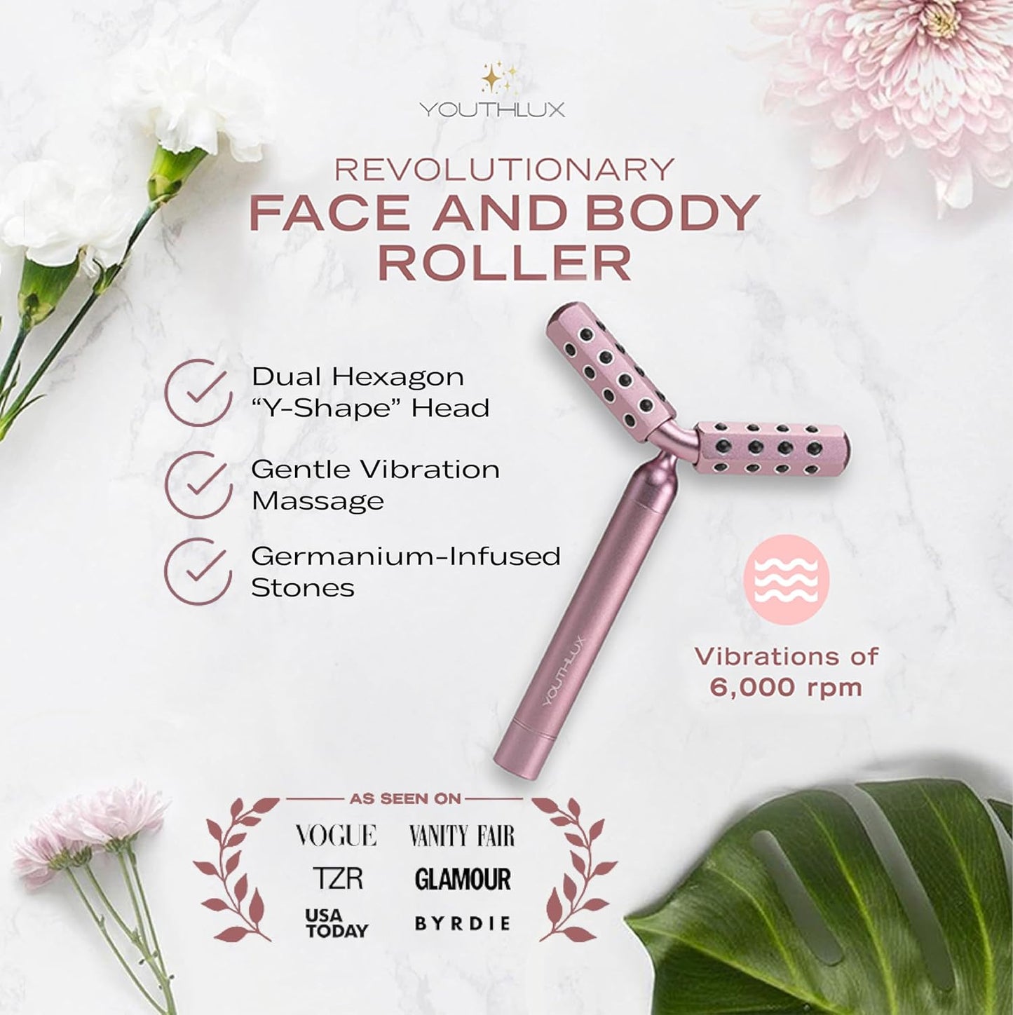 Germanium Stone Face Roller - Uplifting Beauty Tool for Skin Tightening, Firming & De-Puffing | Rose Gold