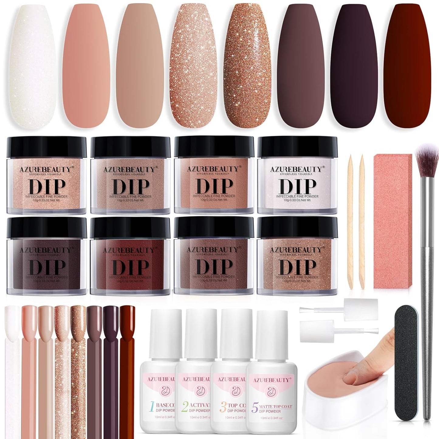 Dip Nail Powder Starter Kit - 8 Colors with Nail Sticks | Glossy & Matte Top Coat, DIY Manicure Essentials, 30 PCS
