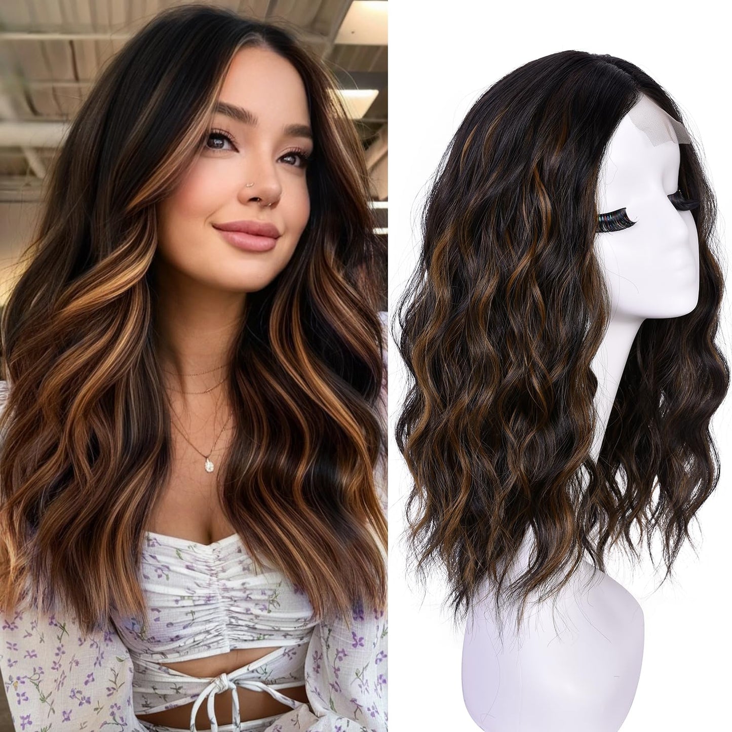 Brown Short Wavy Wigs for Women Middle Part Lace Natural Hairline Wig