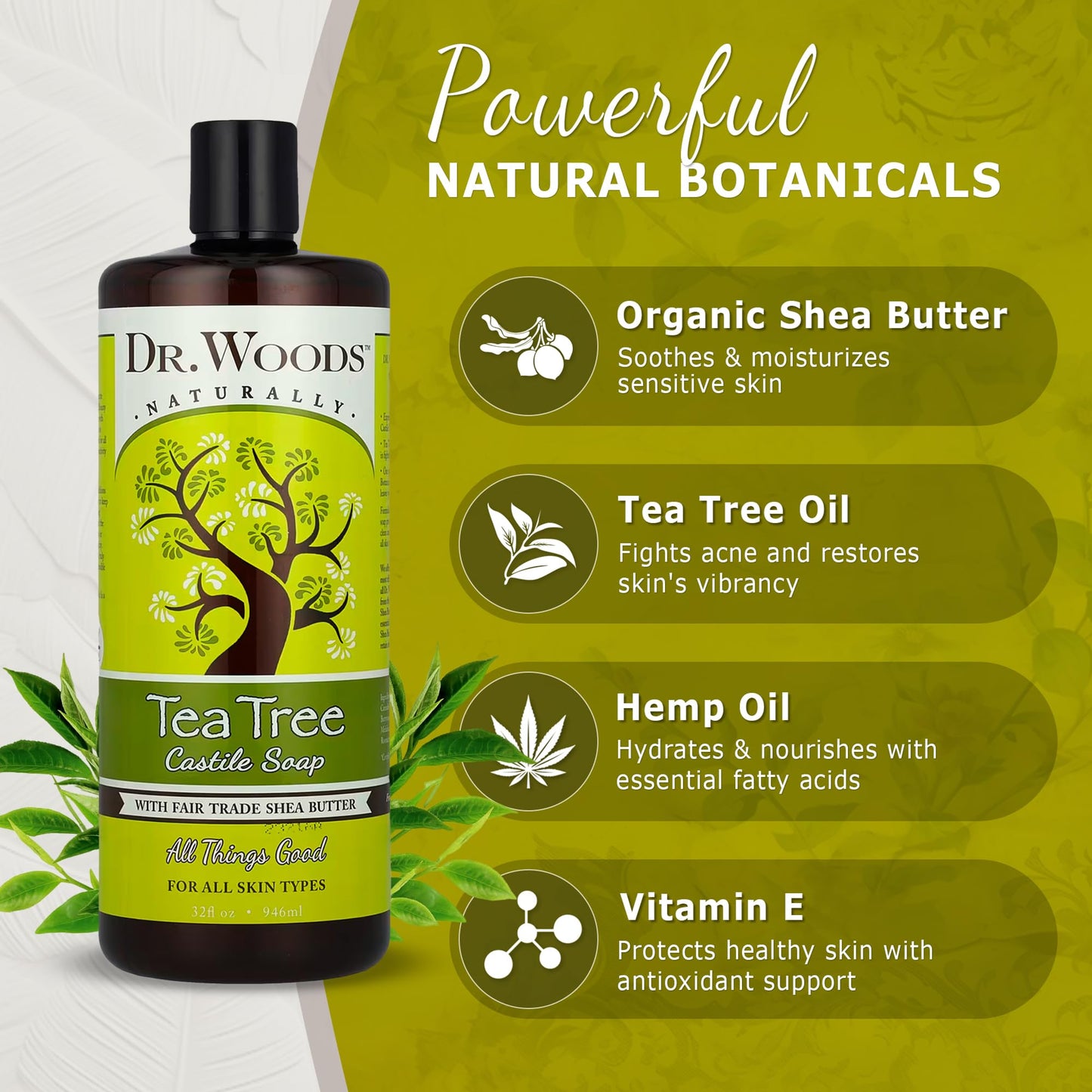 Dr. Woods Tea Tree Liquid Castile Soap - Castile Soap with Pure Tea Tree Oil, Body Wash for Men and Women, Contains Organic Shea Butter, Natural Cleaner for Face, Hands, and Body - 32 Fl Oz