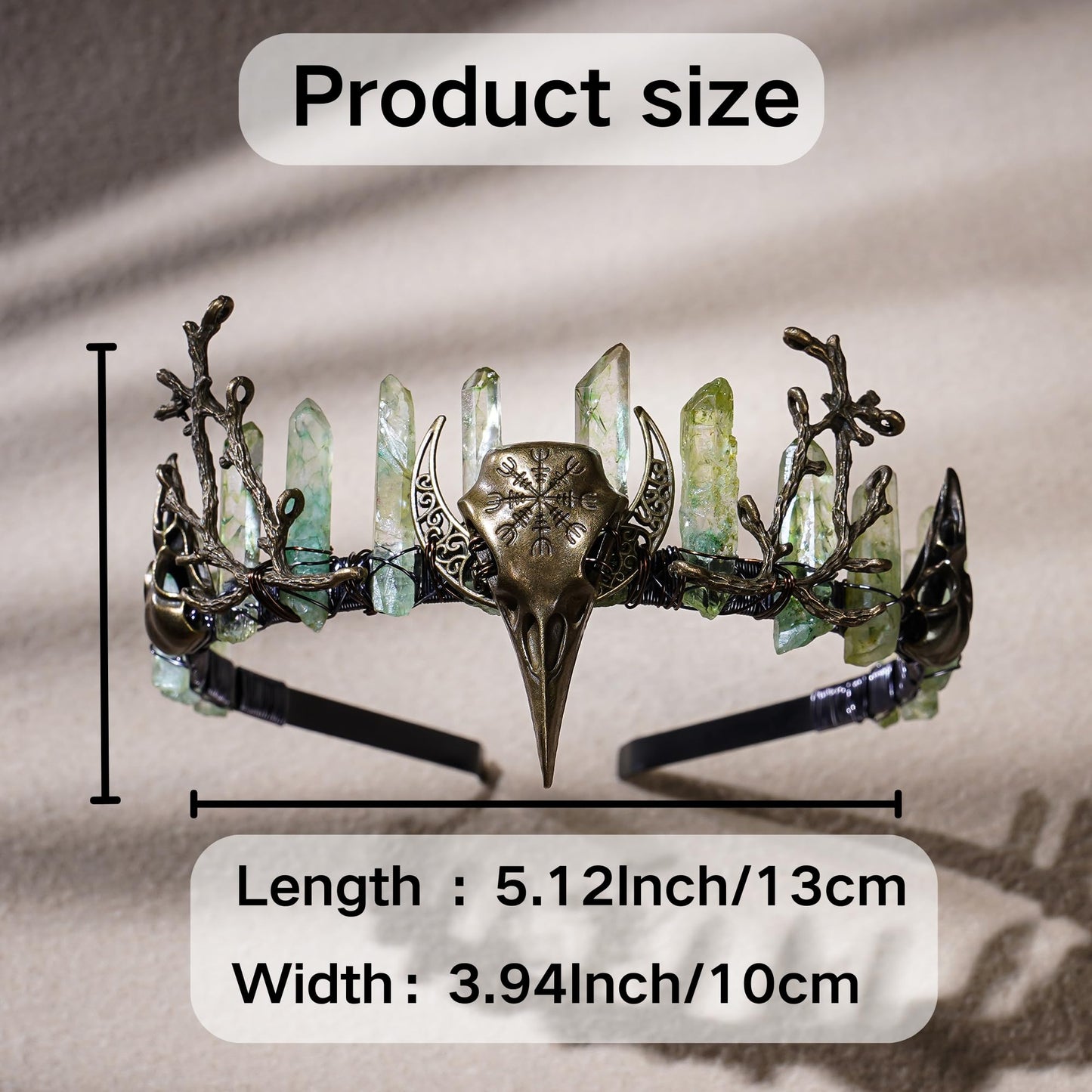 CoTeeZa Green Fairy Crystal Crown - Handmade Raw Quartz Tiara with Bronze Crow Branch Moon Elf Headpiece Fantasy Forest Witch Crown Wedding Renaissance Halloween Cosplay Woodland Headband