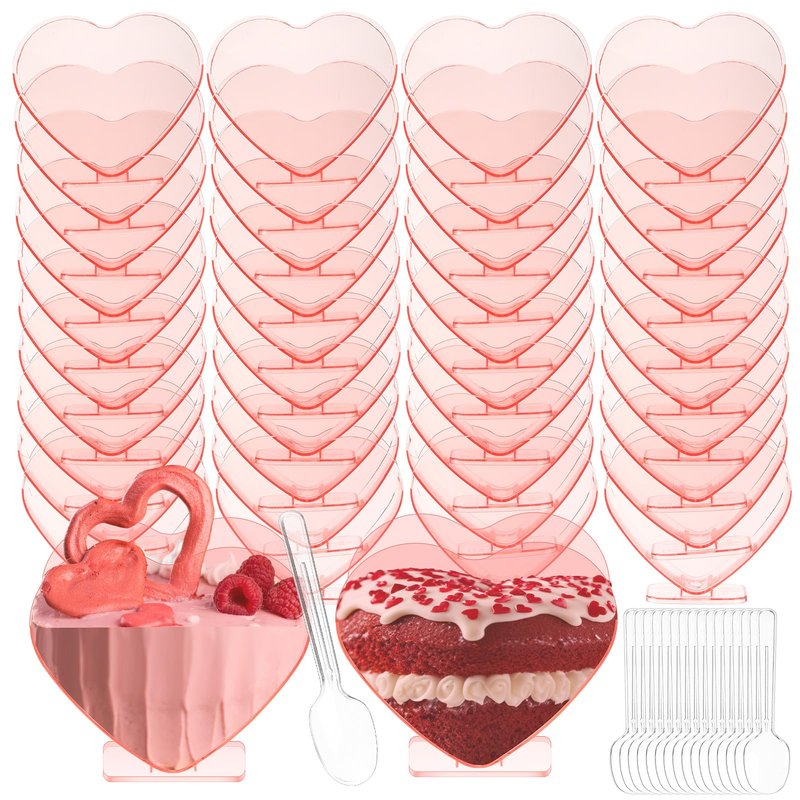 Ziliny Mini Heart Shaped Dessert Cups with Spoons 2.7 oz Valentine Day Plastic Appetizer Cup Clear Disposable Reusable Heart Shaped Bowl for Valentine Wedding Party Cakes Ice Cream(Pink,40 Set)