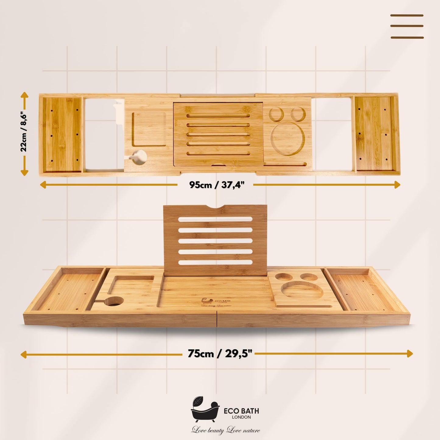 Eco Bath London Luxury Bamboo Bath Tray - Adjustable Bathtub Caddy with Book Holder Wine Glass Slot Phone Stand, Expandable Bath Shelf for Tub, Spa Bath Accessories Gift for Women and Men