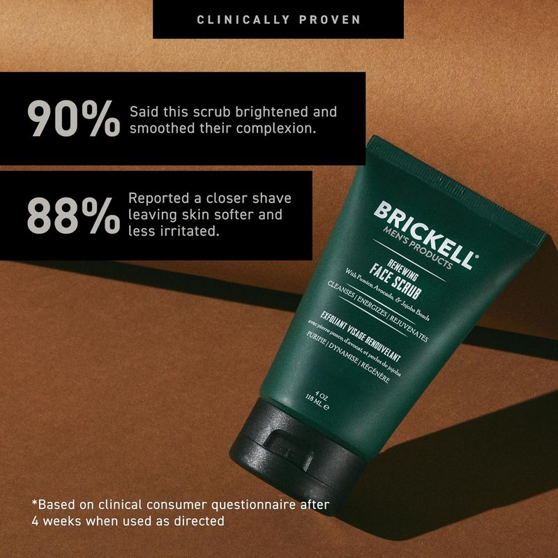 Brickell Men's Renewing Face Scrub - Deep Exfoliating Facial Scrub with Pumice, Caffeine & Jojoba Beads | 4 Ounce