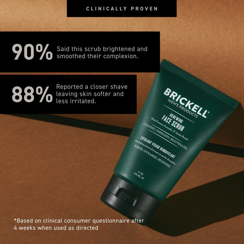 Brickell Men's Renewing Face Scrub for Men, Deep Exfoliating Facial Scrub Formulated with Pumice, Caffeine and Jojoba Beads, 4 Ounce, Scented