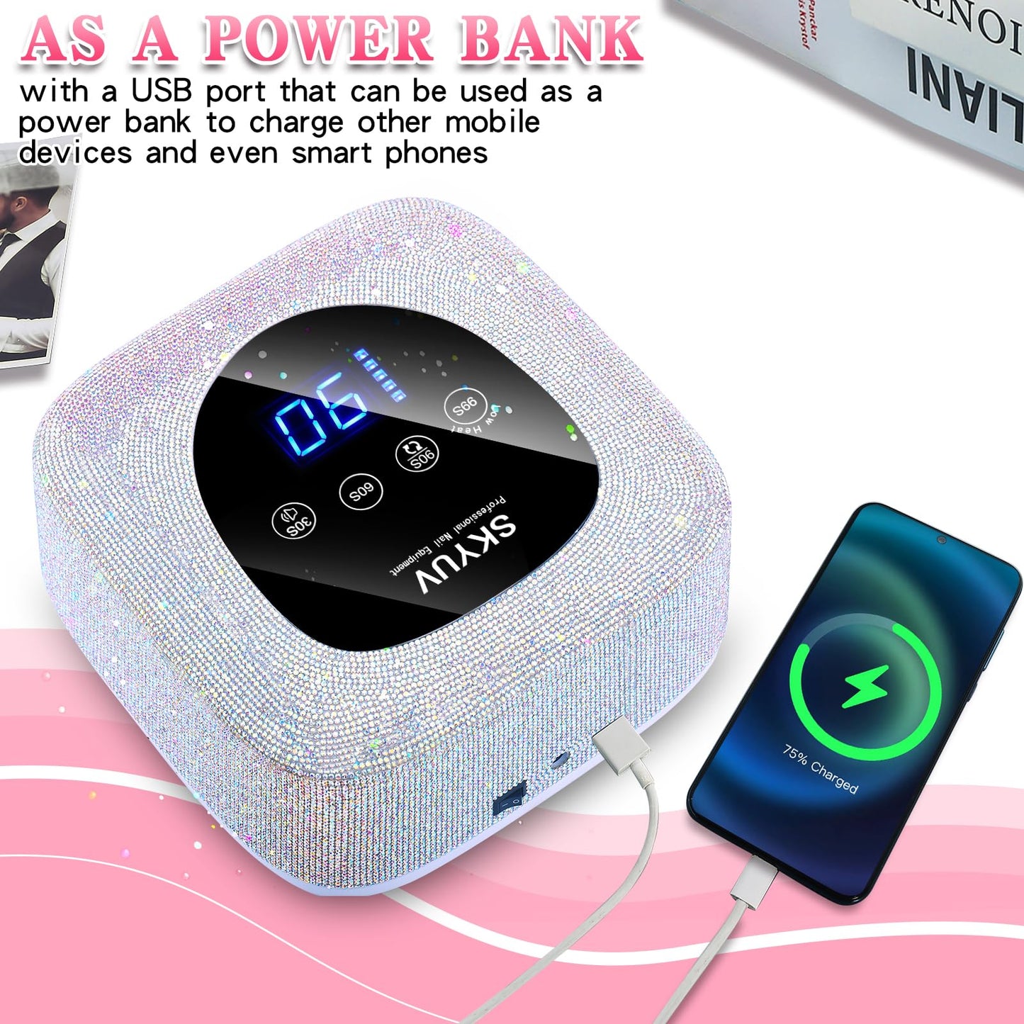 Rechargeable UV LED Nail Lamp, SKYUV Cordless Nail Dryer for Gel Polish, UV Nail Lamp with 4 Timers Setting and LED Touch Screen, Professional Curing Lamp Light with 30 Beads for Salon and Home