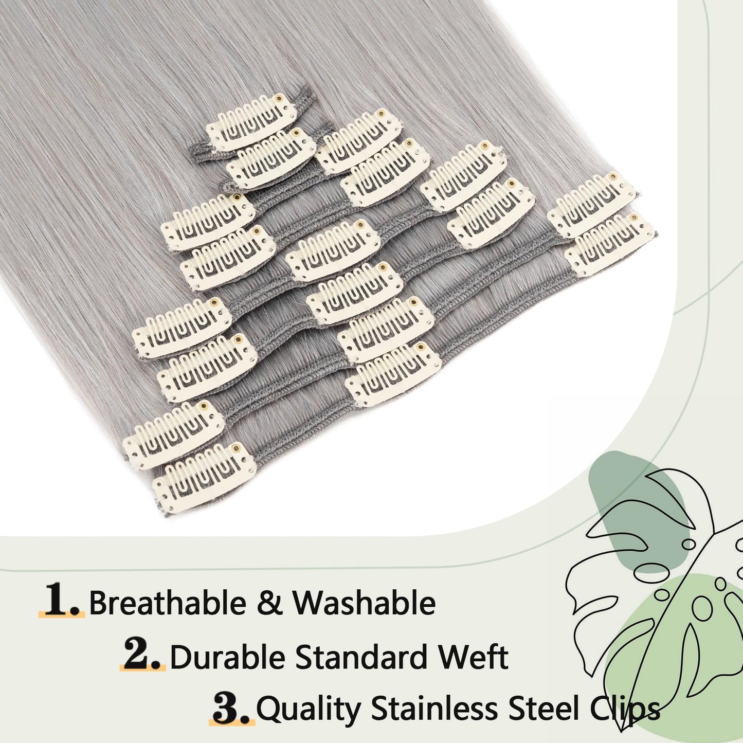 Clip in Hair Extensions Human Hair S-noilite Gray Human Hair Short Hair Clip in Extensions Full Head 8 Pieces/18 Clips 100% Real Human Hair Silky Straight 10"-65g Light Gray (#G1)