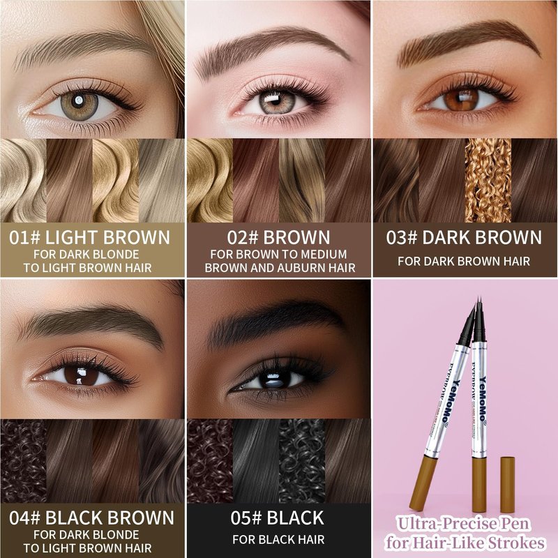 YeMoMo Dual-Tip Eyebrow Pencil, 2-in-1 Waterproof Brow Liner with Ultra-Fine Fork and Precision Tip, 5 Natural Shades from Light Brown to Black (4#Black Brown)