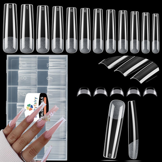 Luckyfairy XXL No C Curve Square Flat Nail Tips, 240pcs Extra Long Straight Tapered Acrylic Gel Fake Nails, Matte Full Cover Clear Press on for Extension Manicure Home DIY 12 Sizes Gelly Tips