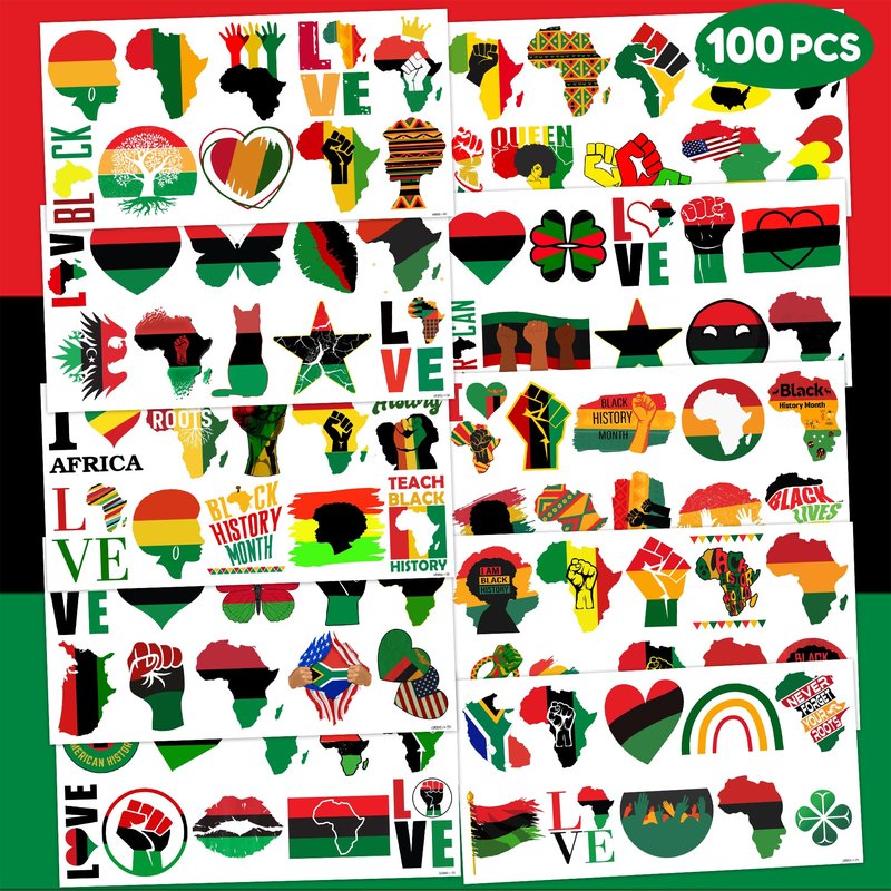 Africa Temporary Tattoos African American Party Decorations Favors Supplies Black History Themed Cute Stickers 10 Sheets 100 PCS Gifts for Baby Girls Boys Class School Carnival