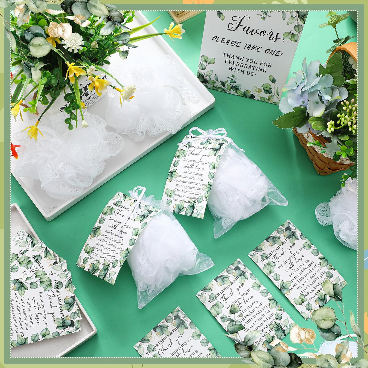 Anglechic 50 Sets Baby Shower Favors for Guests Include 50 Pcs Bath Sponge Loofahs 50 Pcs Thank You Cards 50 Pcs White Organza Bags 1 Wooden Sign for Baptism Baby Shower Gender Reveal Birthday