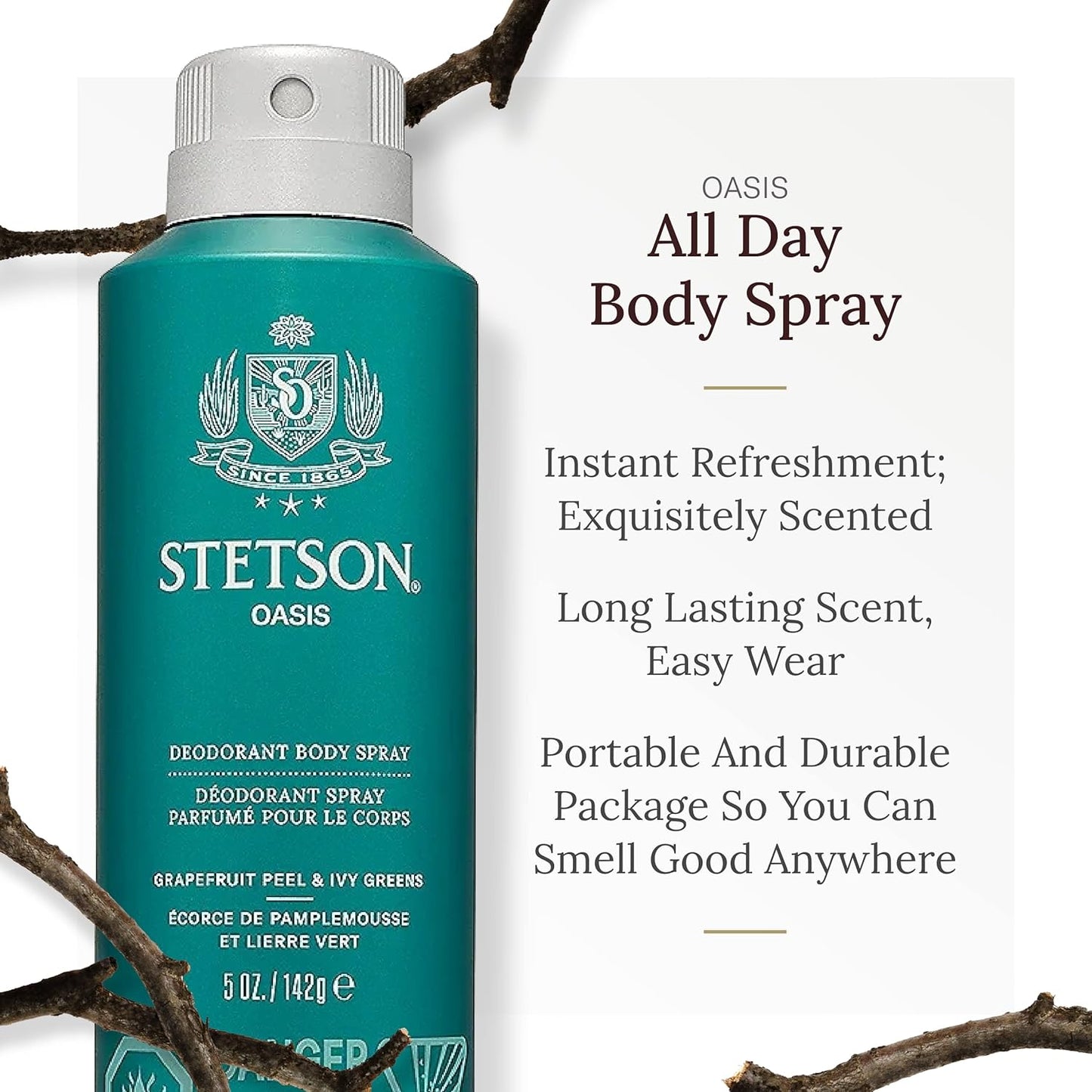 Stetson All Day Body Spray for Men - Refreshing Grooming Essential | 5 oz - 3 Pack - Oasis Scent