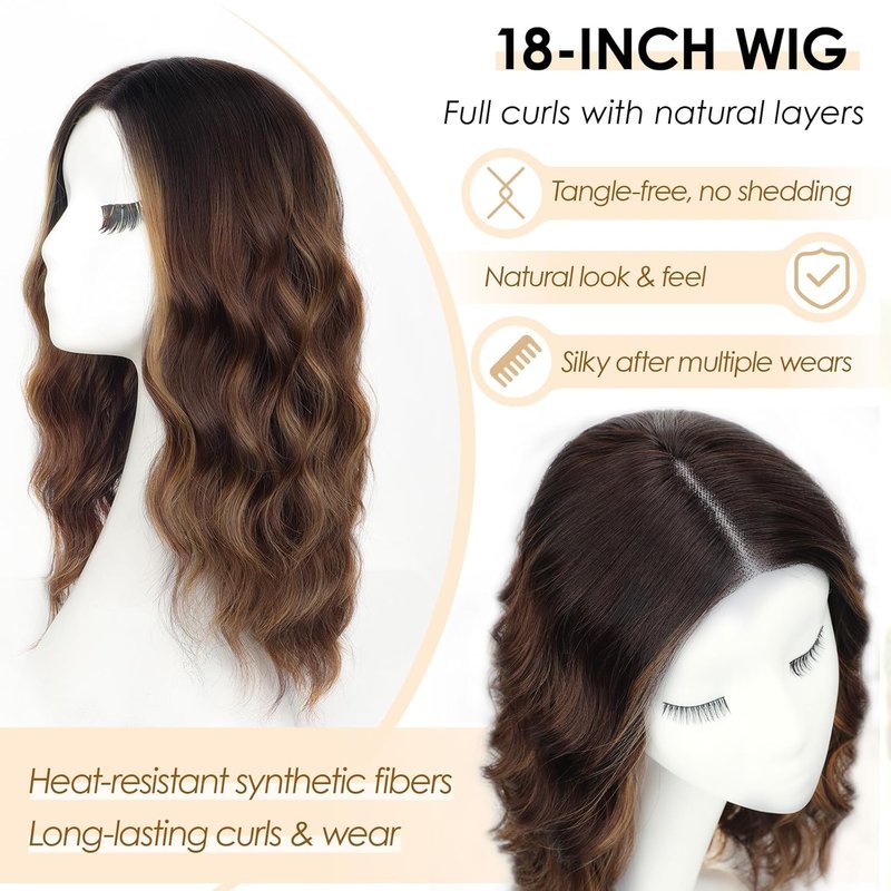 AISI HAIR 18 Inch Brown Highlights Wig - Medium Length Curly Glueless Synthetic Hair for Daily Wear & Cosplay