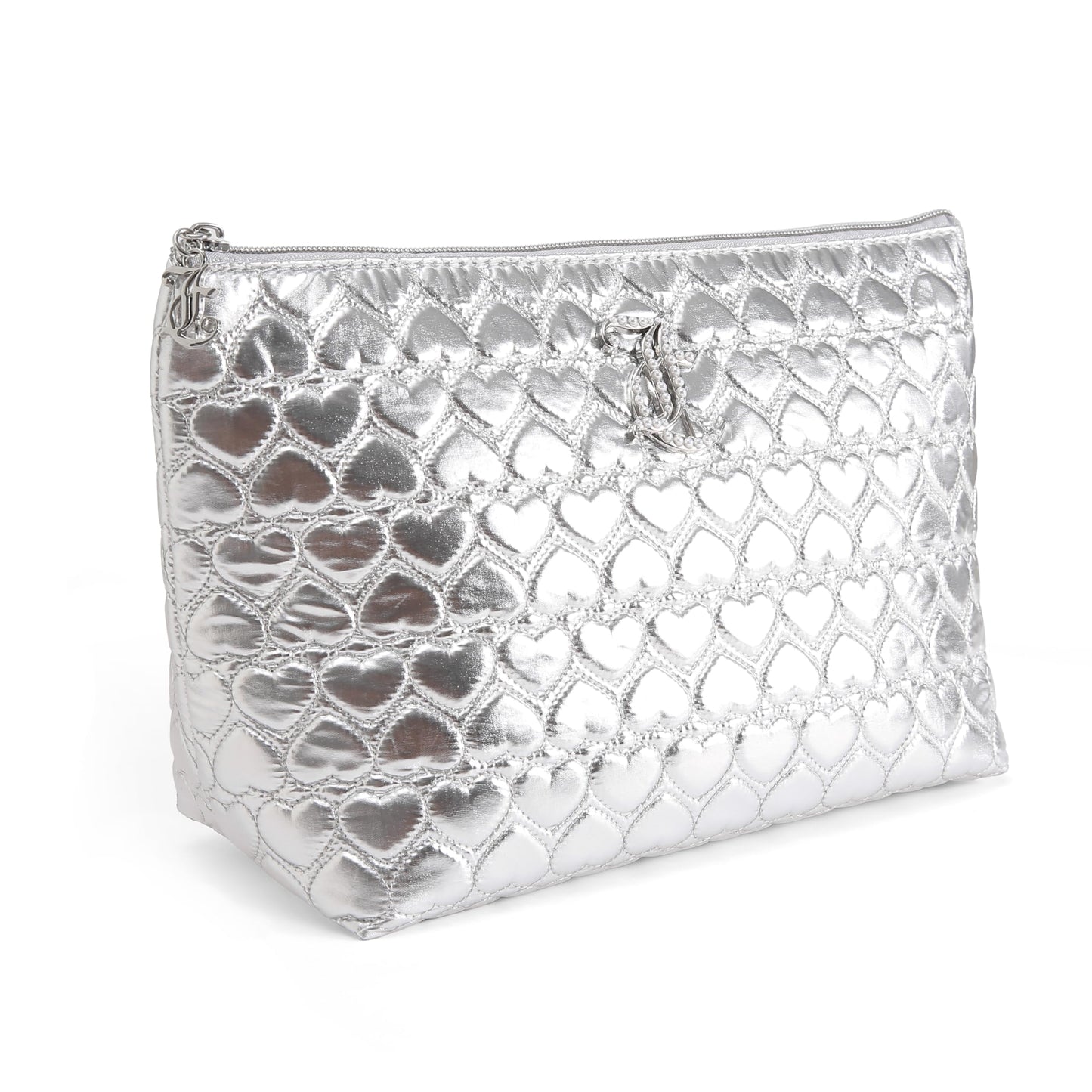Juicy Couture Silver Makeup Bag Cosmetics Organizer Travel Essentials Top Zip Pouch Shiny Quilted Heart
