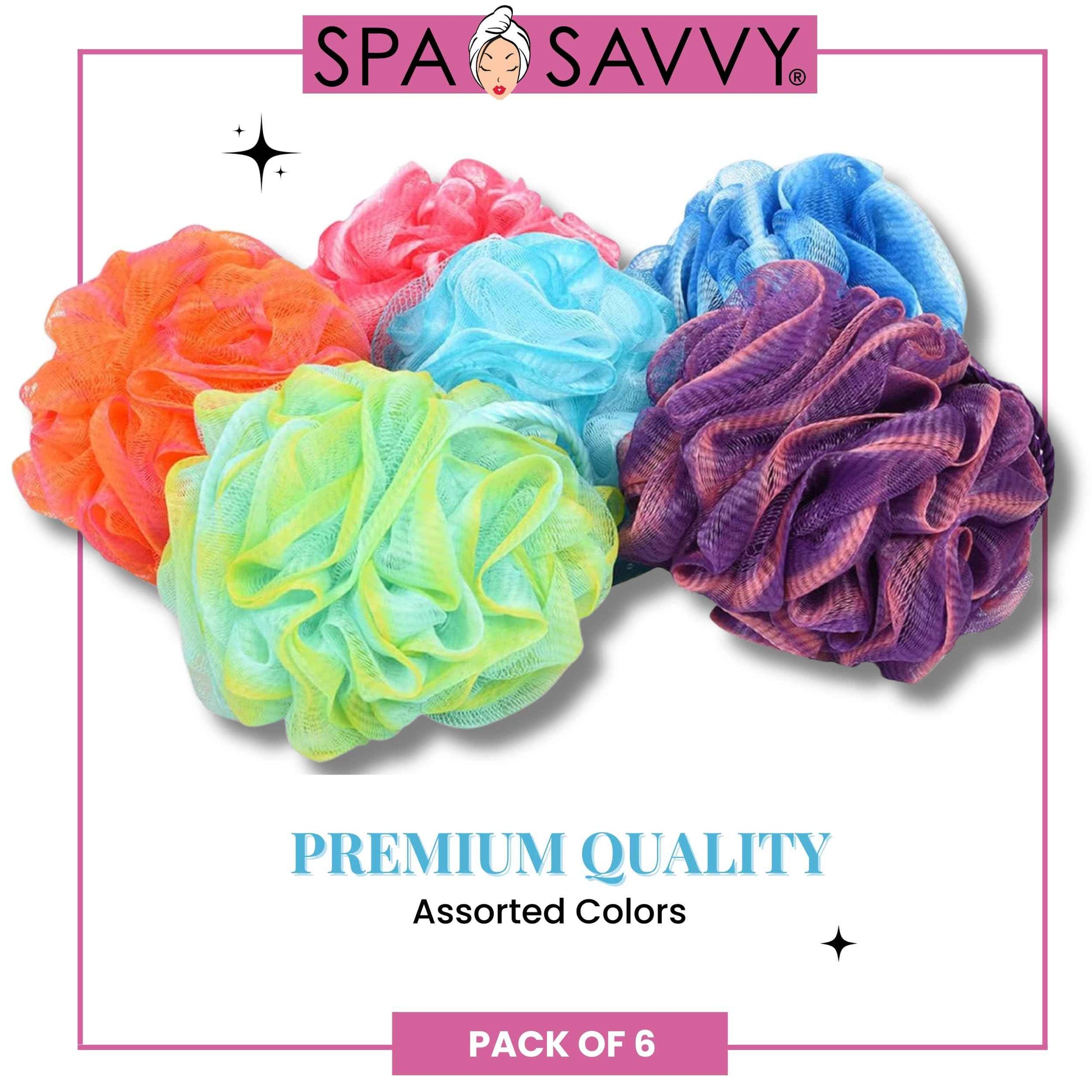 Spa Savvy Bath Loofah Set, 6 Pack Shower Pouf Body Sponges with Suction Cups, Exfoliating Bath Accessories for Men and Women, Multicolor